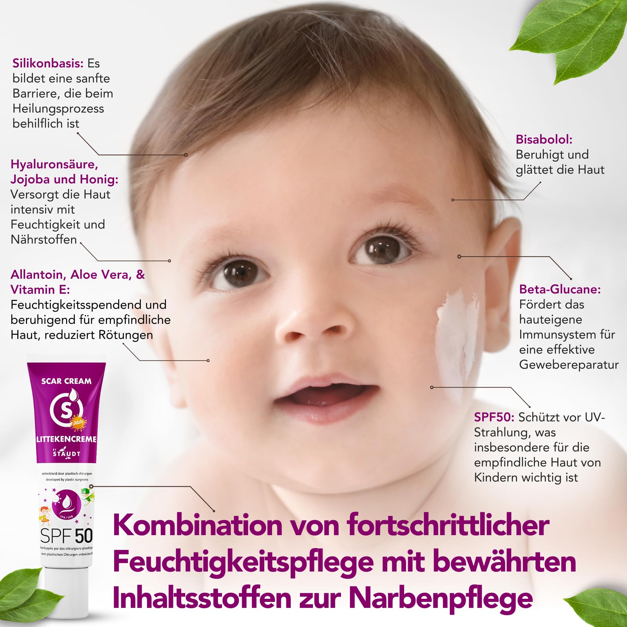 Staudt Kinder Narbensalbe SPF50 - Pädiatrisches Silicone Gel für empfindliche Haut - Hydratisierende Wund- und Heilsalbe mit Allantoin & Aloe Vera - UV-Schutz - 40ml