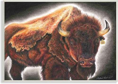 Stupell Industries Etiquetado Bisonte Ganado Rústico Suroeste Animal Big Horns, Diseñado por Andrea Kochish Placa de pared, 19 x 13, Naranja