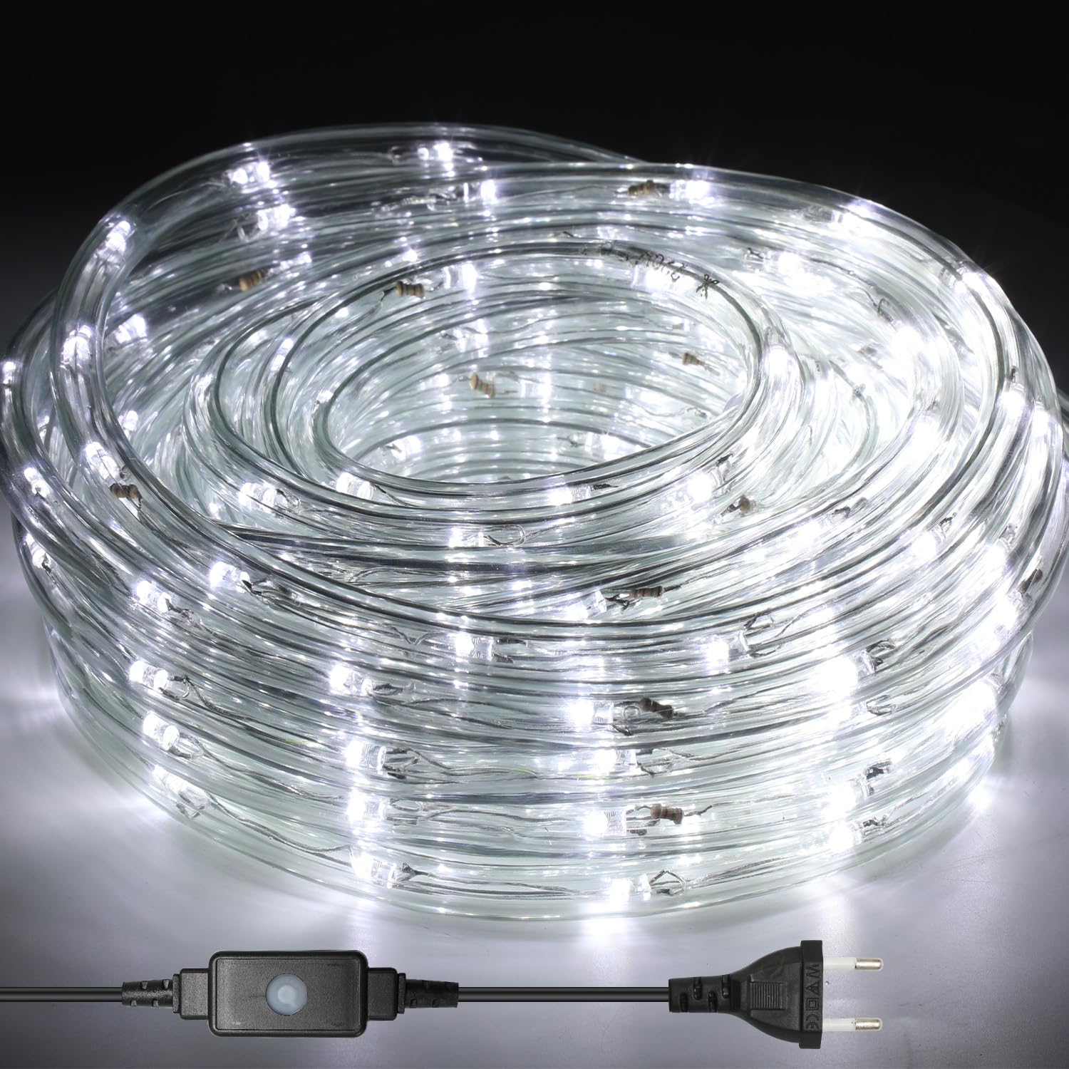 Randaco Wąż świetlny LED, 40 m, 960 diod LED, do użytku na zewnątrz, IP20, dekoracja i oświetlenie LED, czarny, pilot zdalnego sterowania z funkcją pamięci, do ogrodu, na imprezę, wesele, Halloween, zimna biel