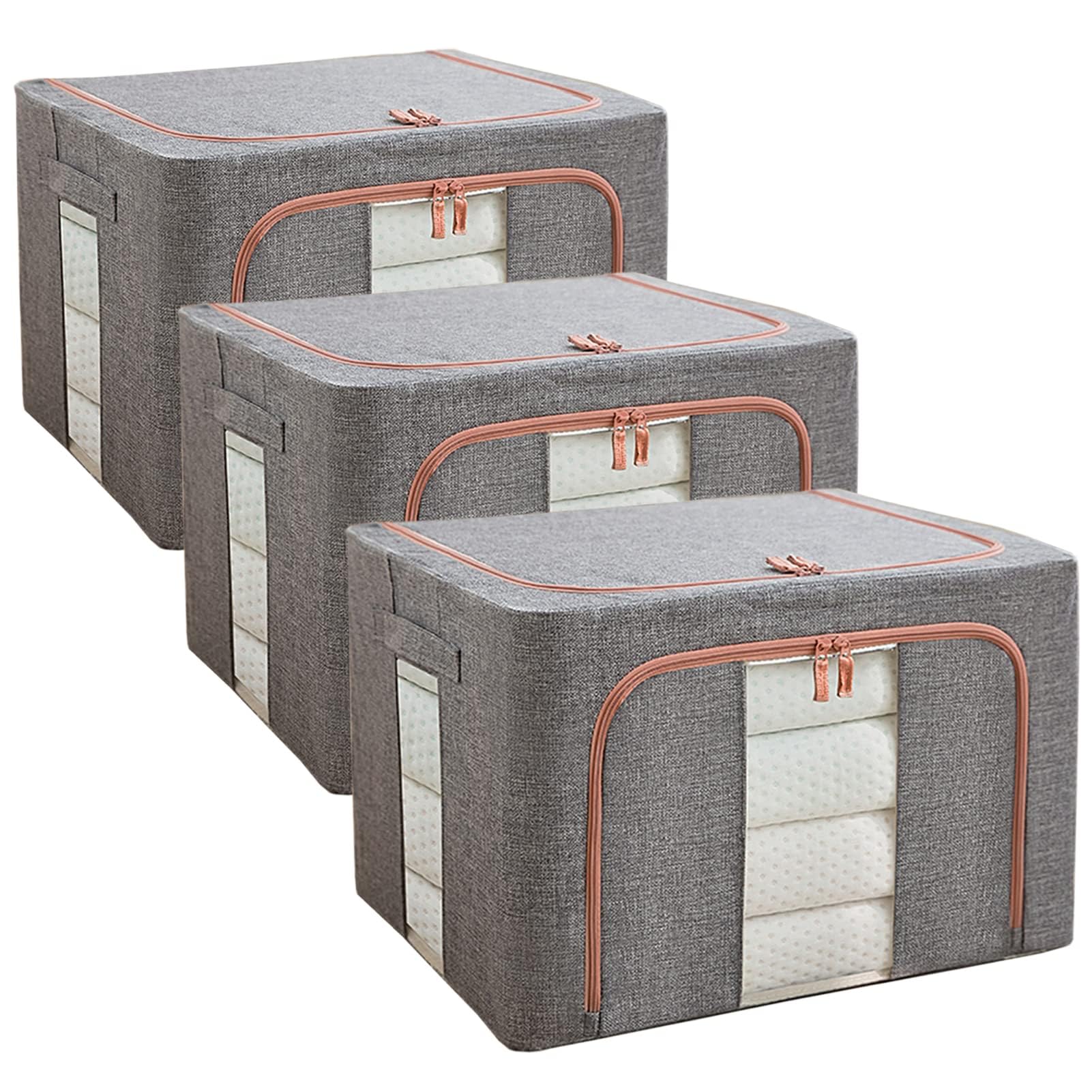 Debrymn 3Pcs 66L Grey Clothes Storage Bins with Metal Frame, Foldable Fabric Bin Organizer, Stackable Openings, Clear Windows - Image 4