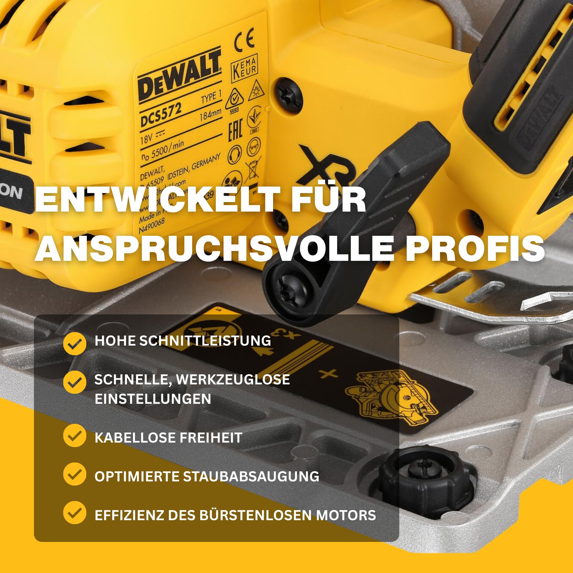 DEWALT XR 18V bürstenlose Kreissäge mit 184-mm-Sägeblatt, 58-mm-Schnitttiefe, LED und TSTAK-Koffer, DCS572NT-XJ