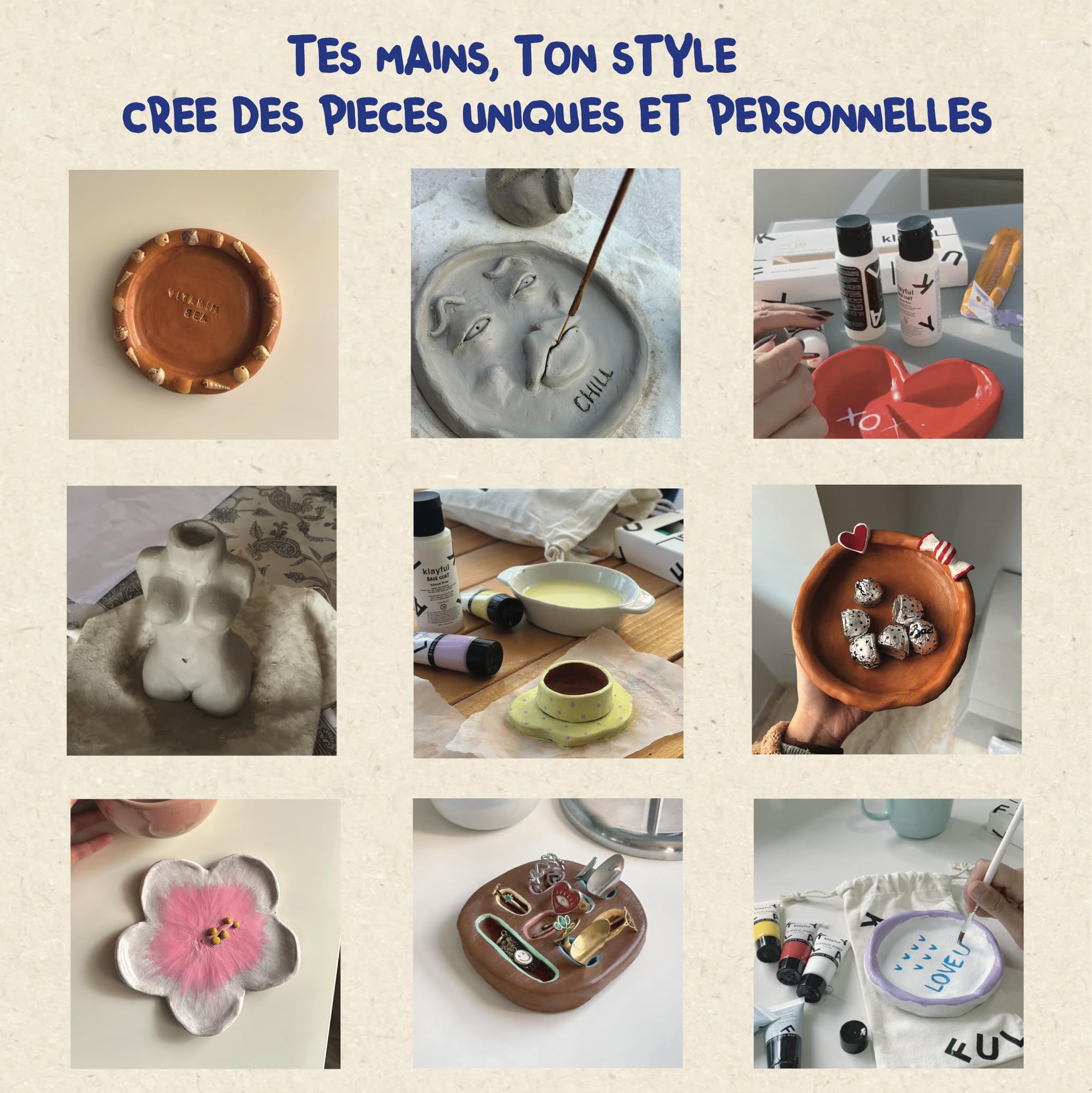 KLAYFUL – Kit Argile Autodurcissante Sans Cuisson | Peintures Classiques Haute Couvrance | Outils, Pinceaux, Vernis et Guide | Kit Poterie Adulte Débutant | Cadeau Créatif DIY