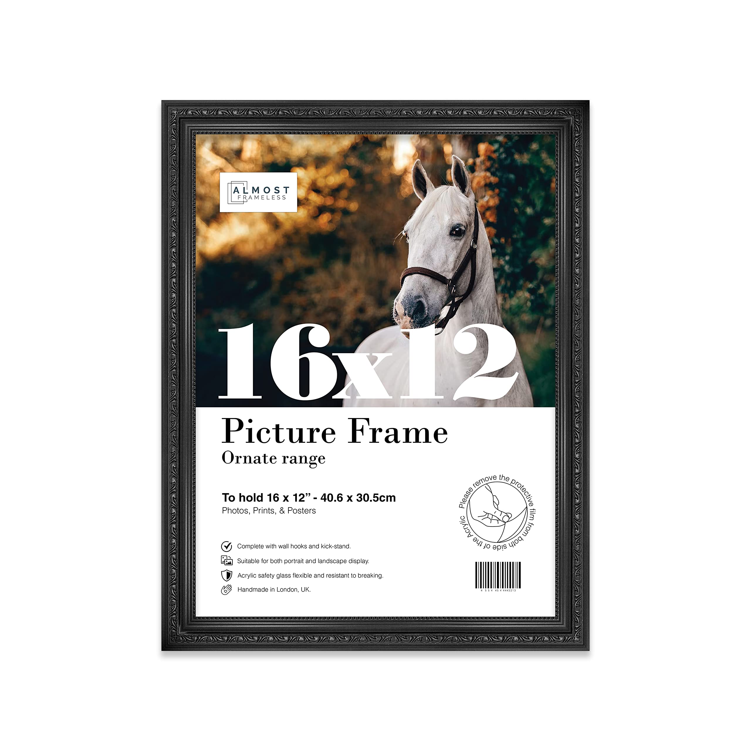 Almost Frameless 16x12 Black Ornate Picture Frame 16"x12"(40.6x30.5cm) Poster, Photo, Artwork, or Print. Opulent Style Portrait and Landscape Display with Wall Hooks