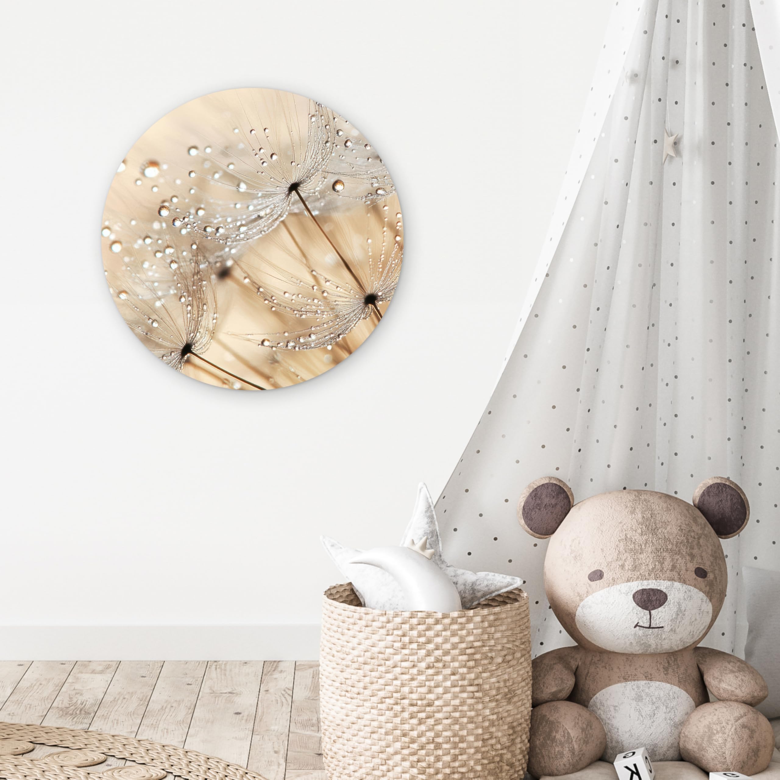 MuchoWow© Cuadro Redondo Ø60 cm Árbol El Grandes Room Decor Terraza Exterior Casa Cabecero Cama Wall Art Dormitorio Habitación Dimensiones Diente de león - Abstracto - Naturaleza - Beige