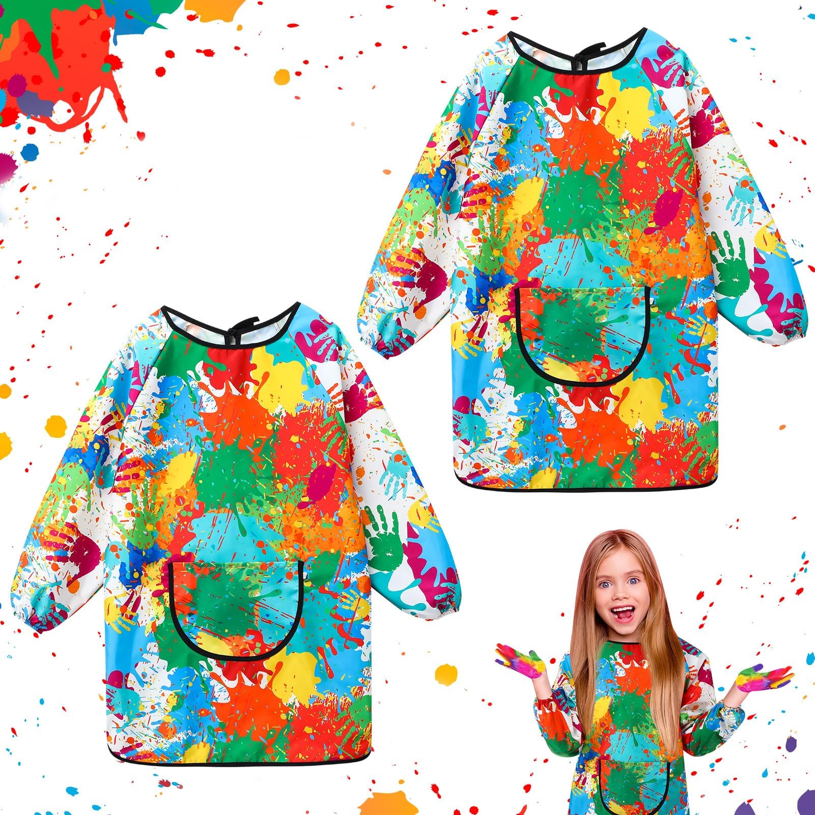 2Pcs Kids Art Aprons for Age 7-12 Years Girls Boys,Waterproof Graffiti Painting Aprons Long Sleeves with Pockets,Kids Painting Smock Toddler Children,Play Apron for Painting,Craft,School