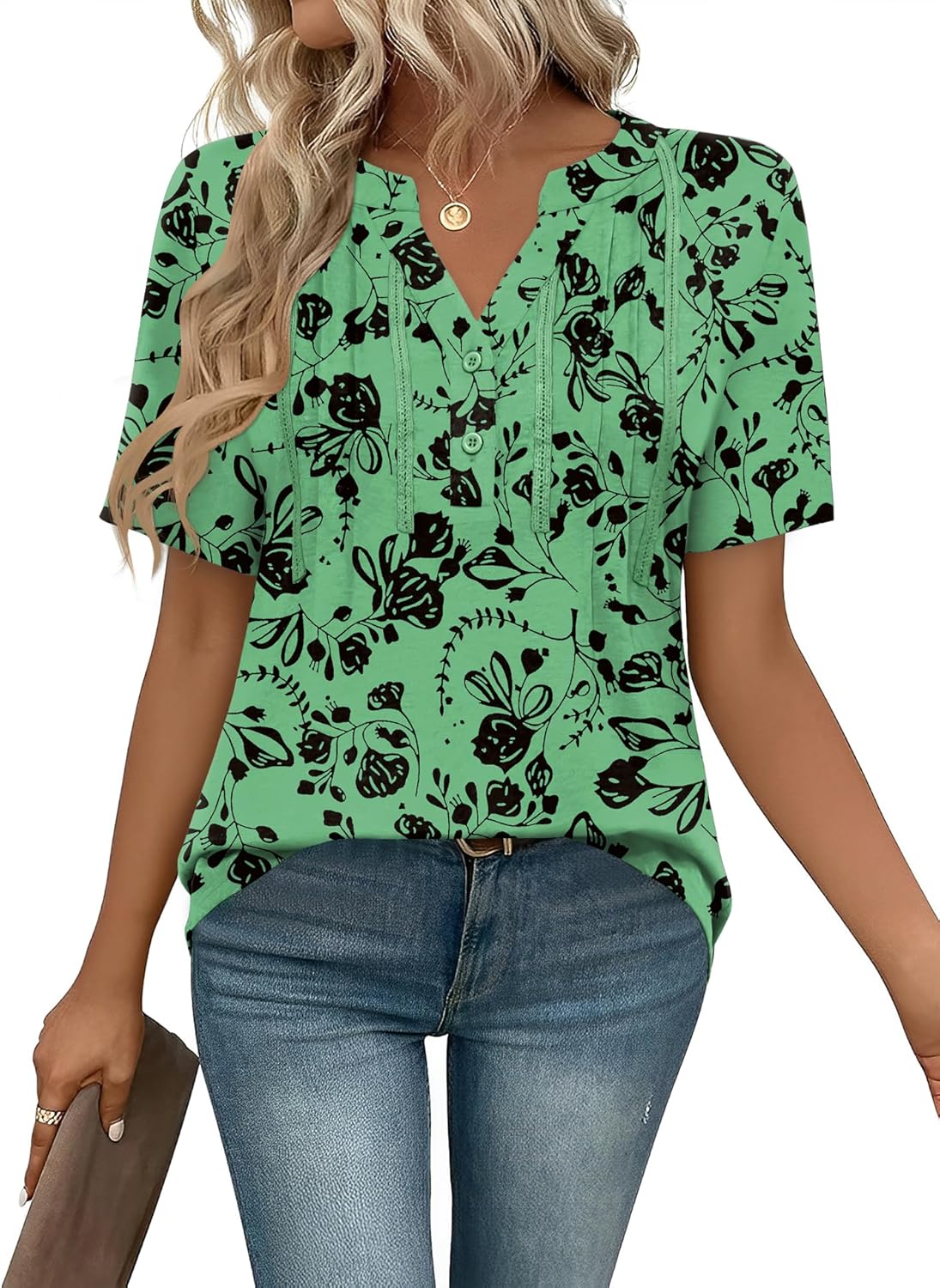 Rapbin Short Sleeve Shirts for Women Pleated V Neck Lace Blouses Dressy Casual Elegant Tops Loose peasant Summer T-Shirts