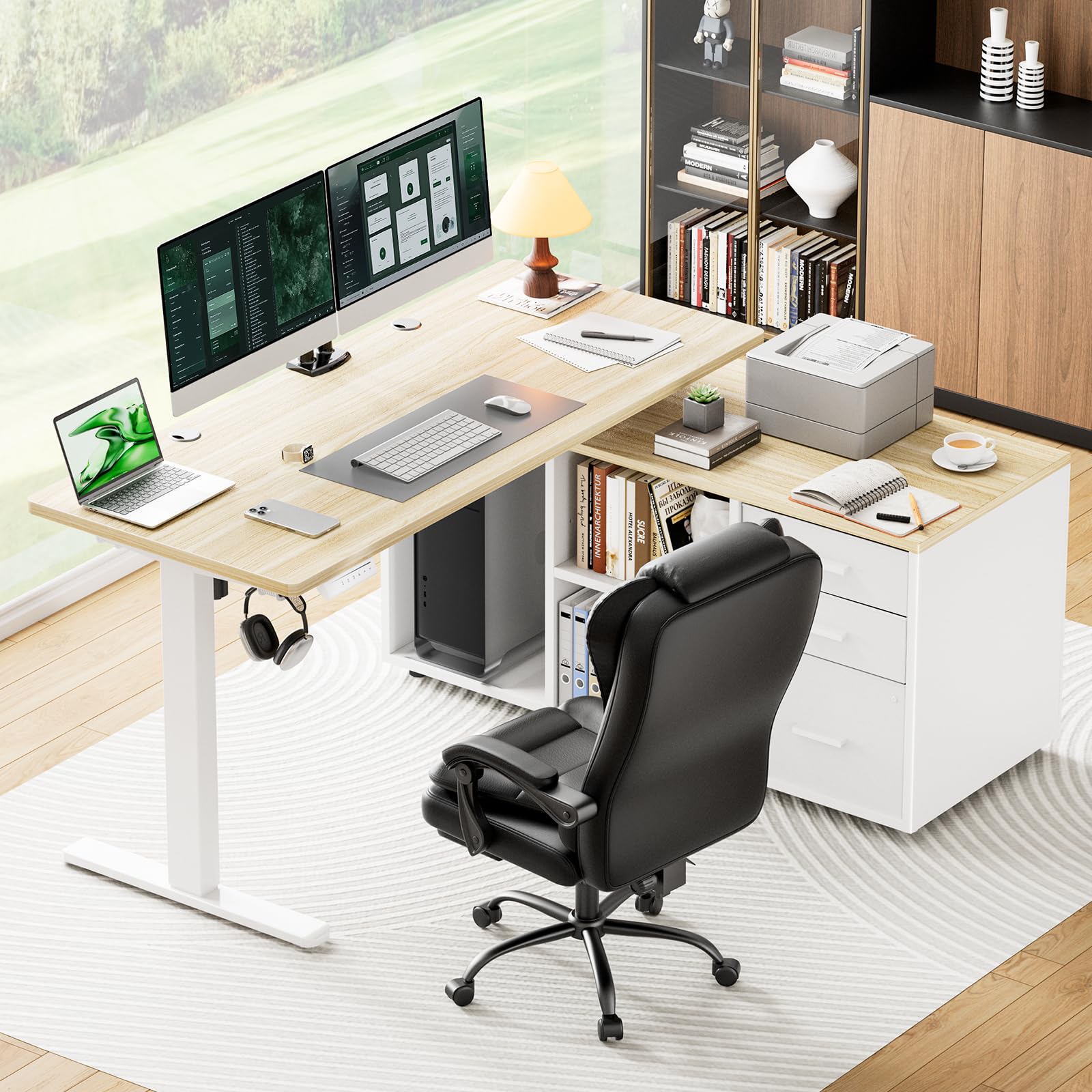 Marsail L-Shaped Executive Standing Desk with File Cabinet 55 x 24 Electric Height Adjustable Stand up Desk One-Whole — view 2