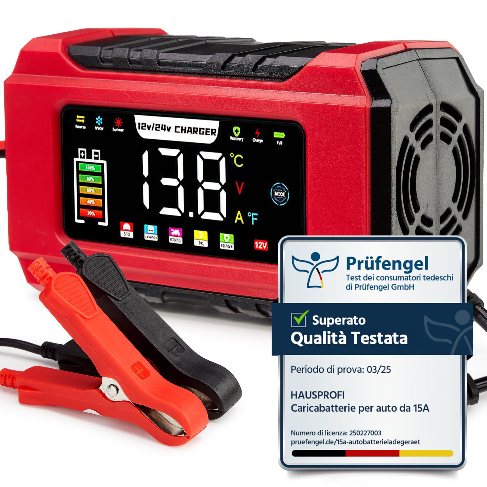 HAUSPROFI Caricabatterie Auto e Moto 15A/8A 12V/24V, Mantenitore di Carica Intelligente e Desolfatore per Batterie AGM, Gel, LiFePO4, Piombo, Caricatore Rapido con Schermo Touch & Funzione Riparazione