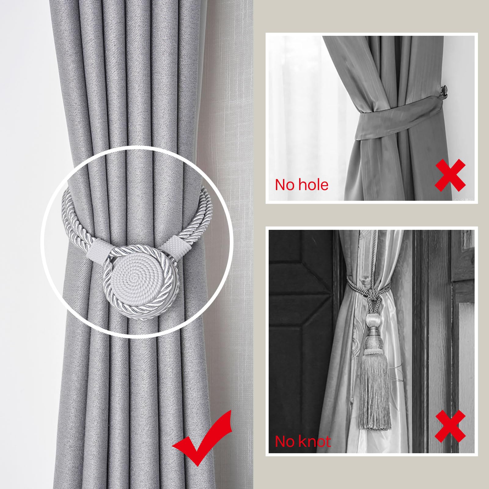NICEEC 2 Pack Strong Magnetic Curtain Tiebacks Unique Medal Shape Decorative Drape Tie Backs Elegant Hand-Woven Rope Curtain Holdbacks for Home & Office Draperies Decor (Grey)