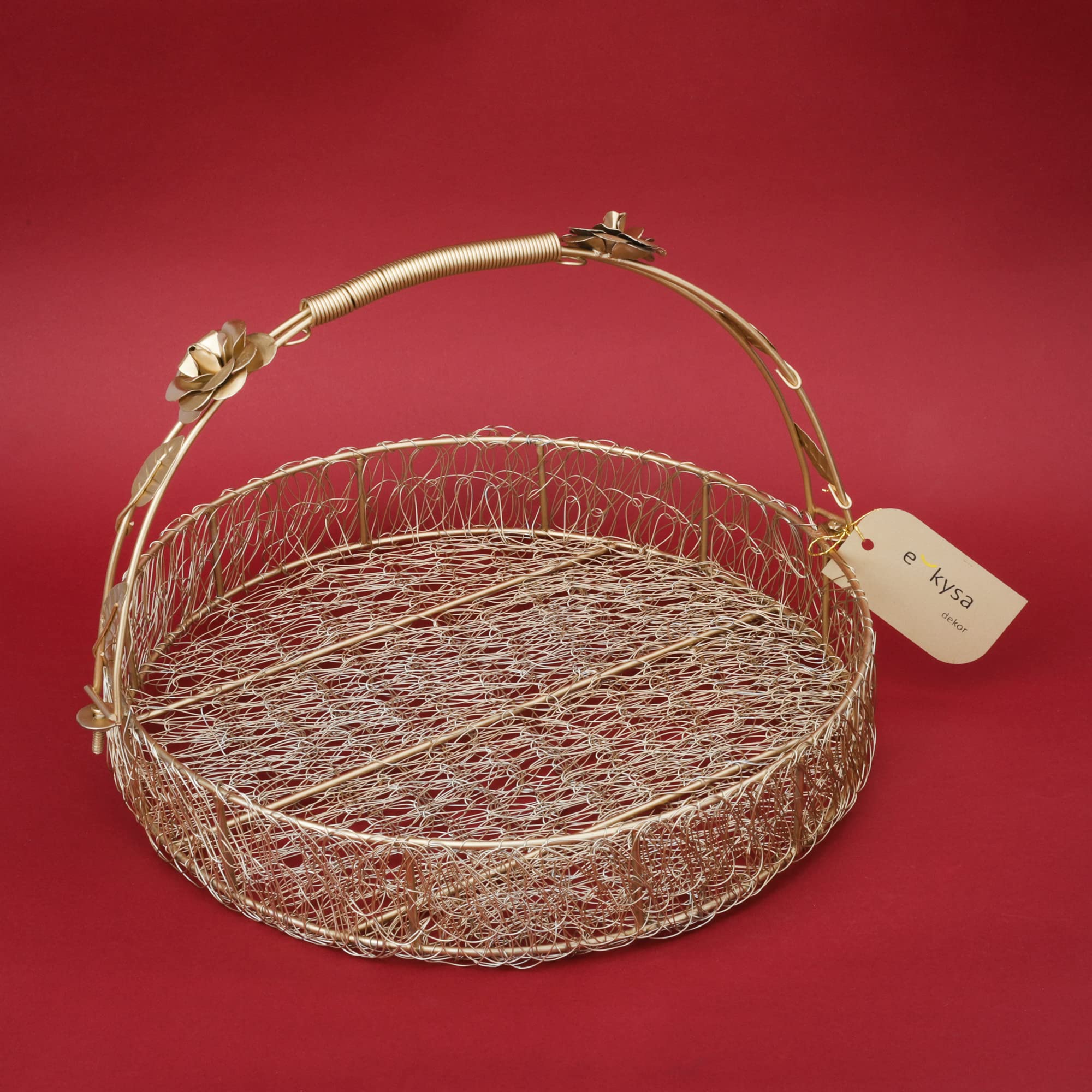 ekysa dekor metal meshwire multipurpose hamper Fancy Basket/Tray/Platter with hadles for Packing, Gifting, Decoration - Golden (10 * 10 * 2.5 inch)
