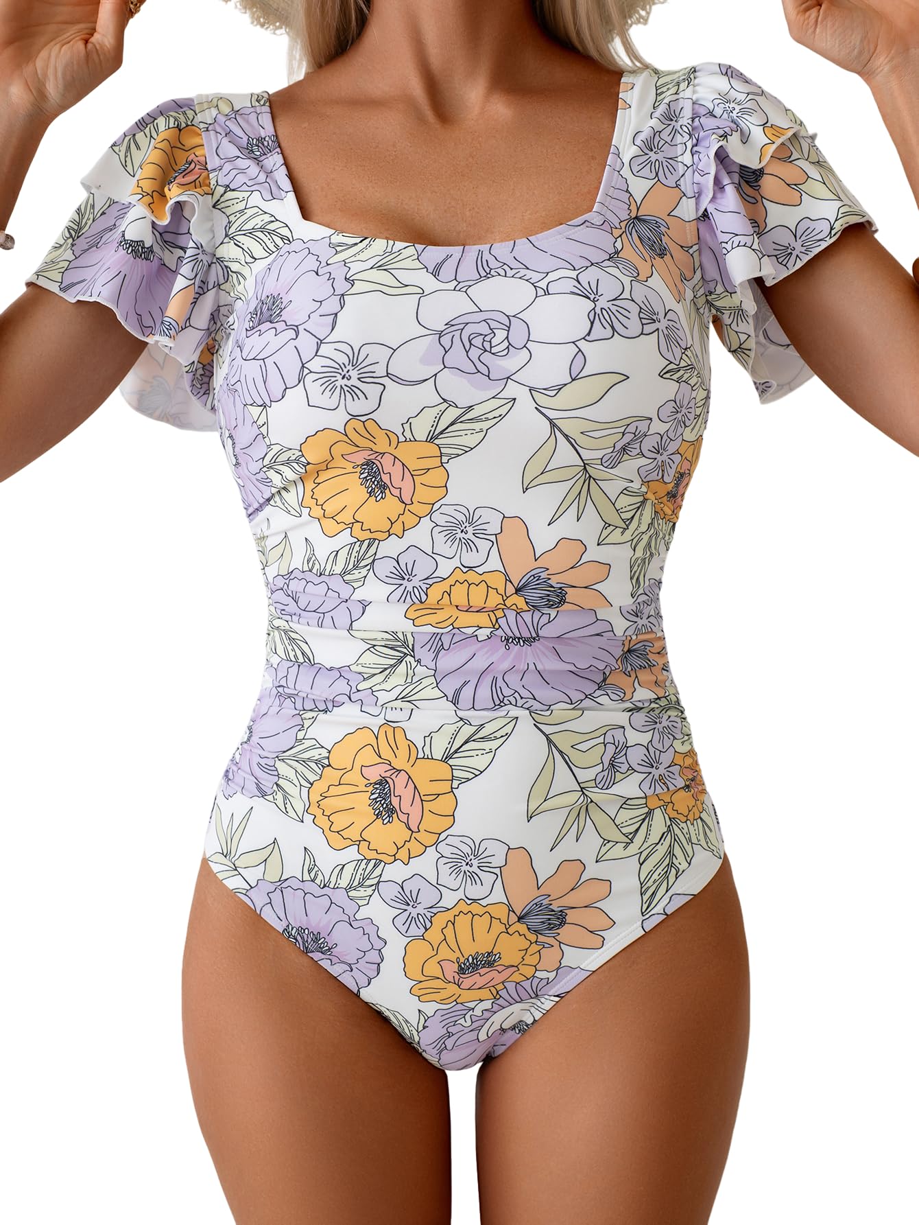 Eomenie Women's Ruffle Sleeve One Piece Swimsuit Tummy Control Bathing Suit | Square Neck, Ruched, Slimming, Modest, Cutout Back, Non-removable Padding