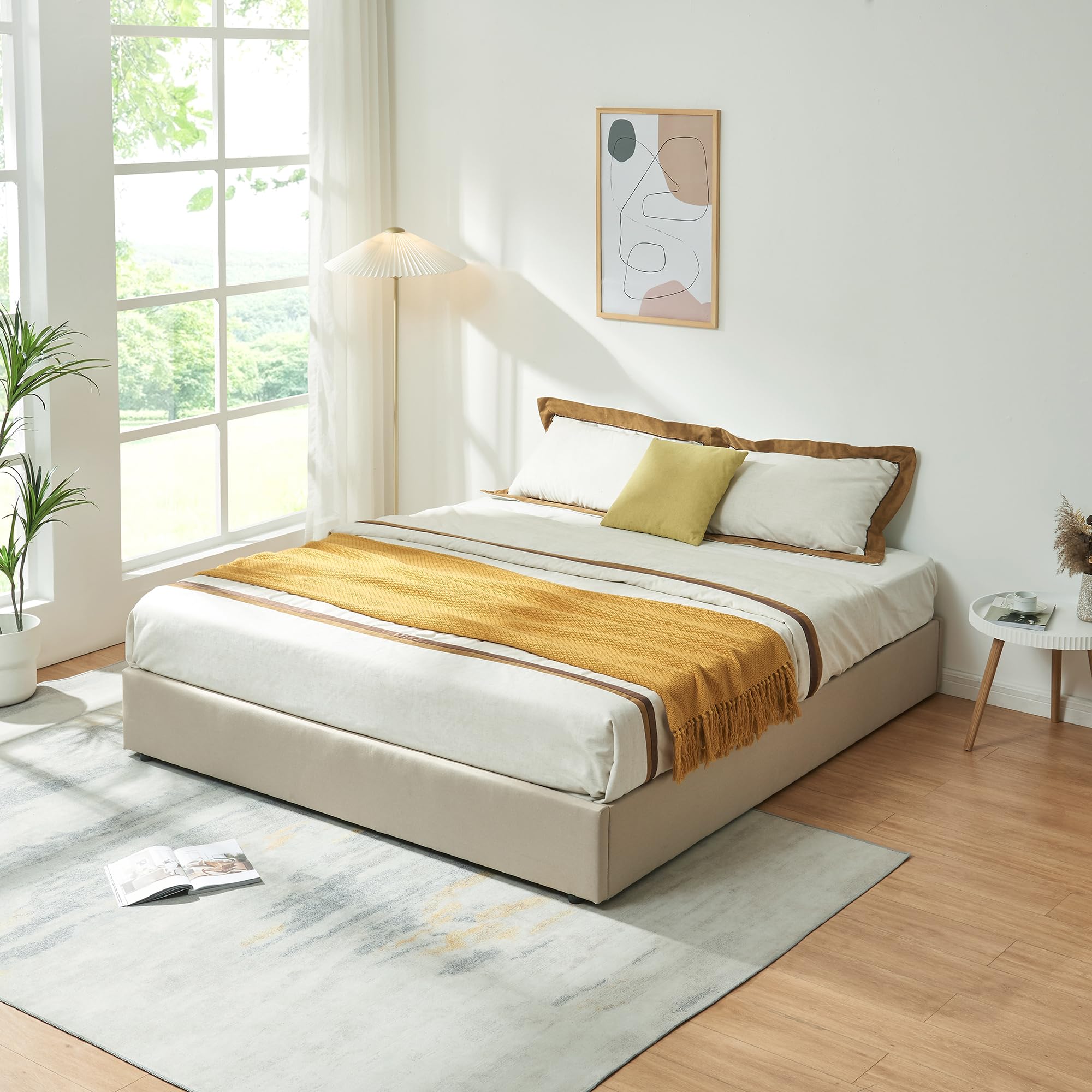 [en.casa] Struttura Letto Matrimoniale King Size 180x200 cm con Zona di Riposo Ribaltabile Contenitore Letto Doppio a 2 Piazze Rivestito in Tessuto Effetto Lino - Beige