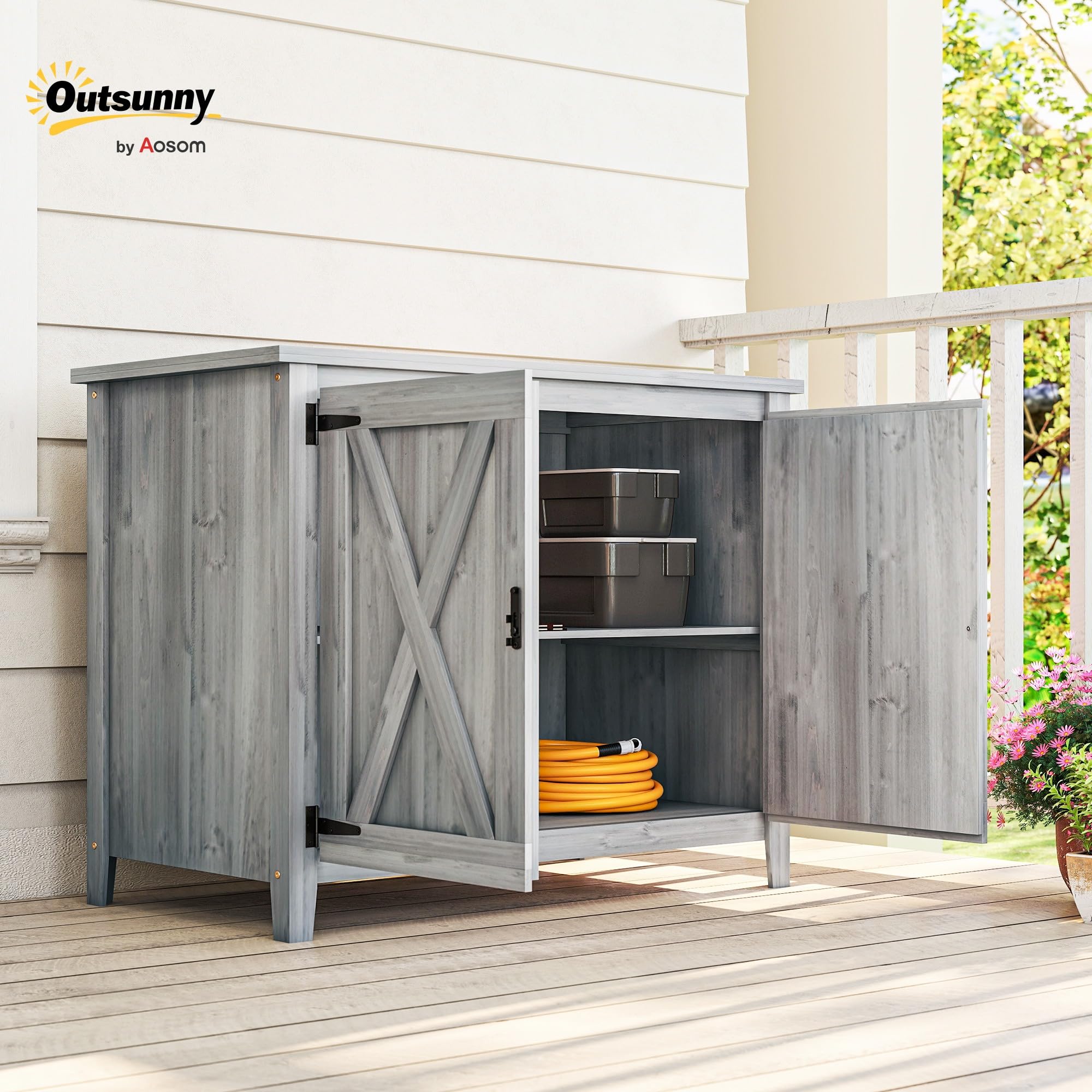 Outsunny Armoire de Jardin en Bois Étagères 110 x 60 x 88,5 cm Gris Clair