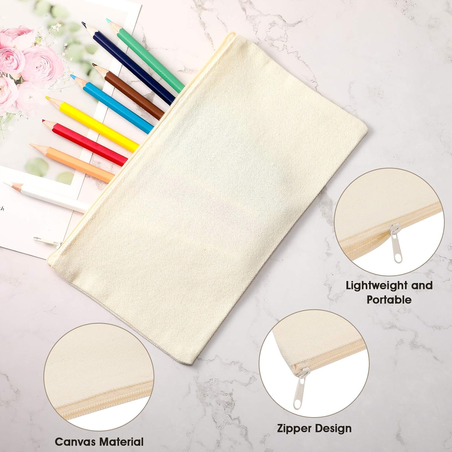Shappy 40 Pieces Canvas Pencil Pouch Zipper Makeup Cosmetic Bags Case Blank Craft DIY Bags Multipurpose Toiletry Stationary Storage Bag for Women Travel(White) - Image 5