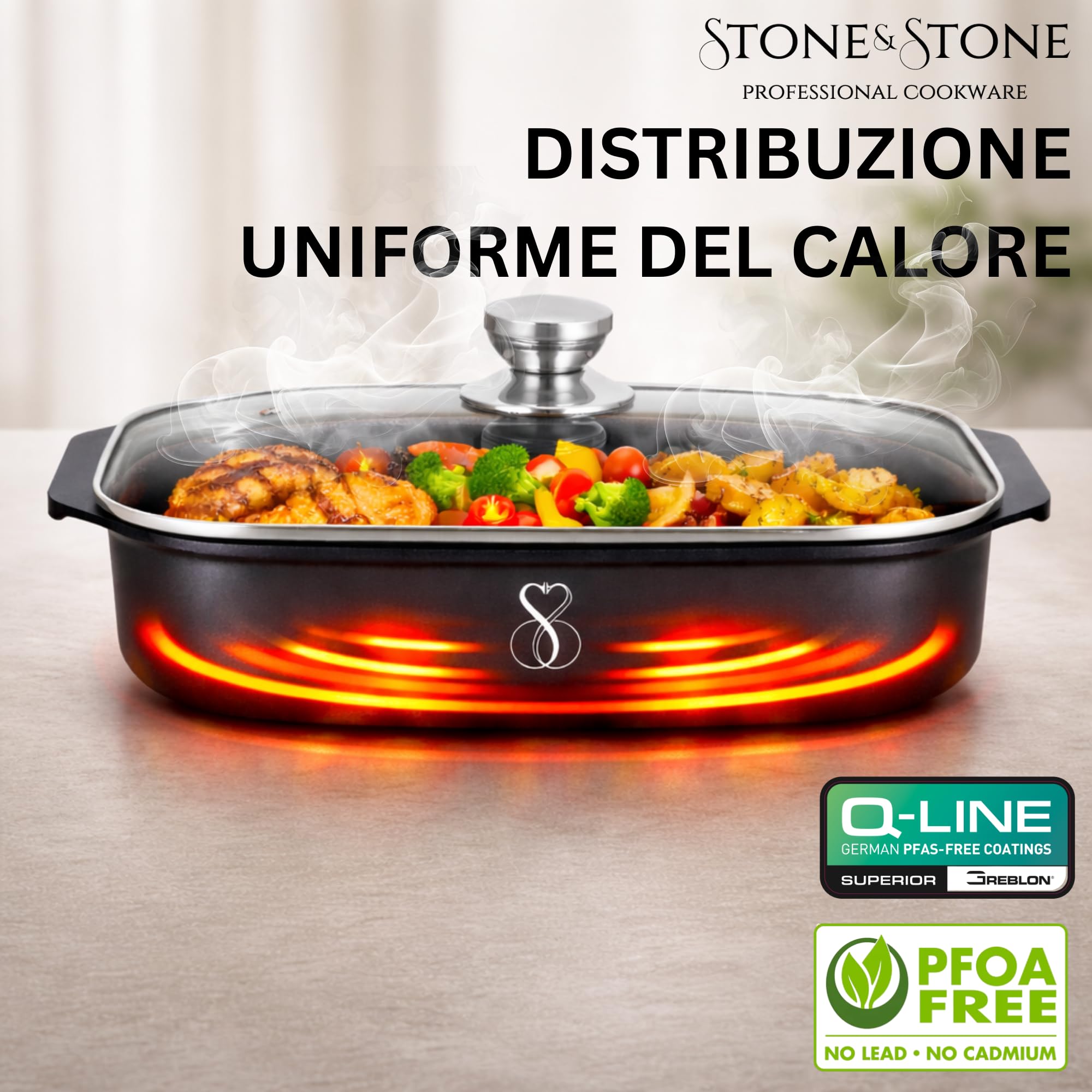 Stone&Stone Teglia Forno Rettangolare 34x8cm in alluminio | Super Antiaderente Tedesco | Pirofila Lasagnera Rostiera | Priva di PTFE - PFOA - PFAS | Induzione Gas Forno | Coperchio 2 Presine, Spatola