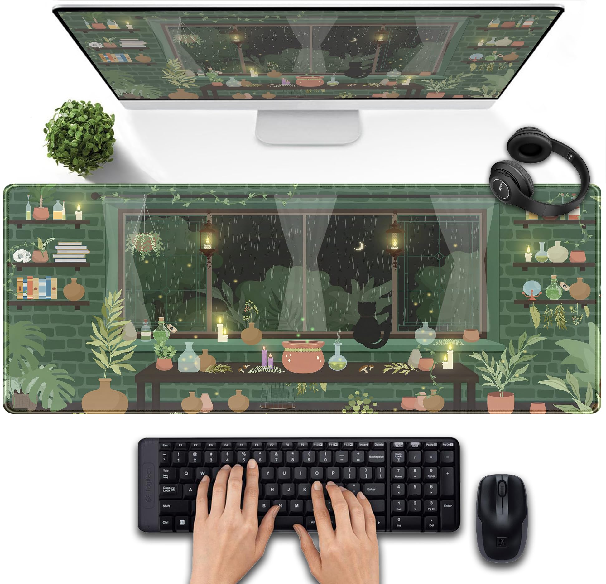 Kawaii Green Plants Desk Pad Gaming Mouse Pad XL Aesthetic Anime Design Black Cat Desk Pad Laptop Computer Keyboard Mouse Pad