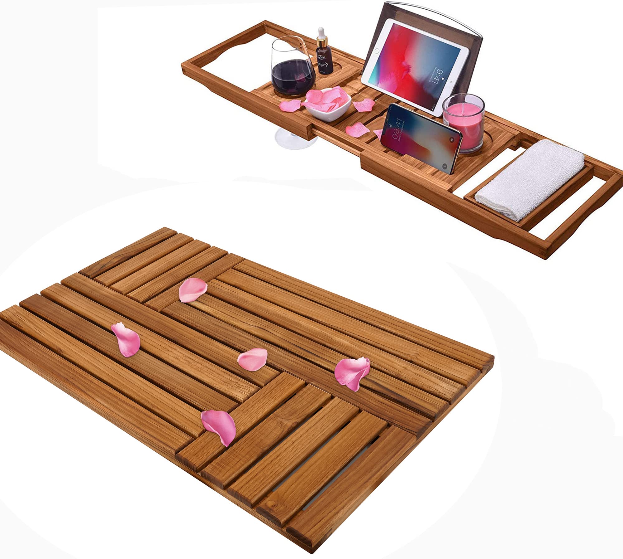 Utoplike Teak Wood Bath Mat 31 8 x 20 inch Large Wooden Shower Mat for Bathroom and Bathtub