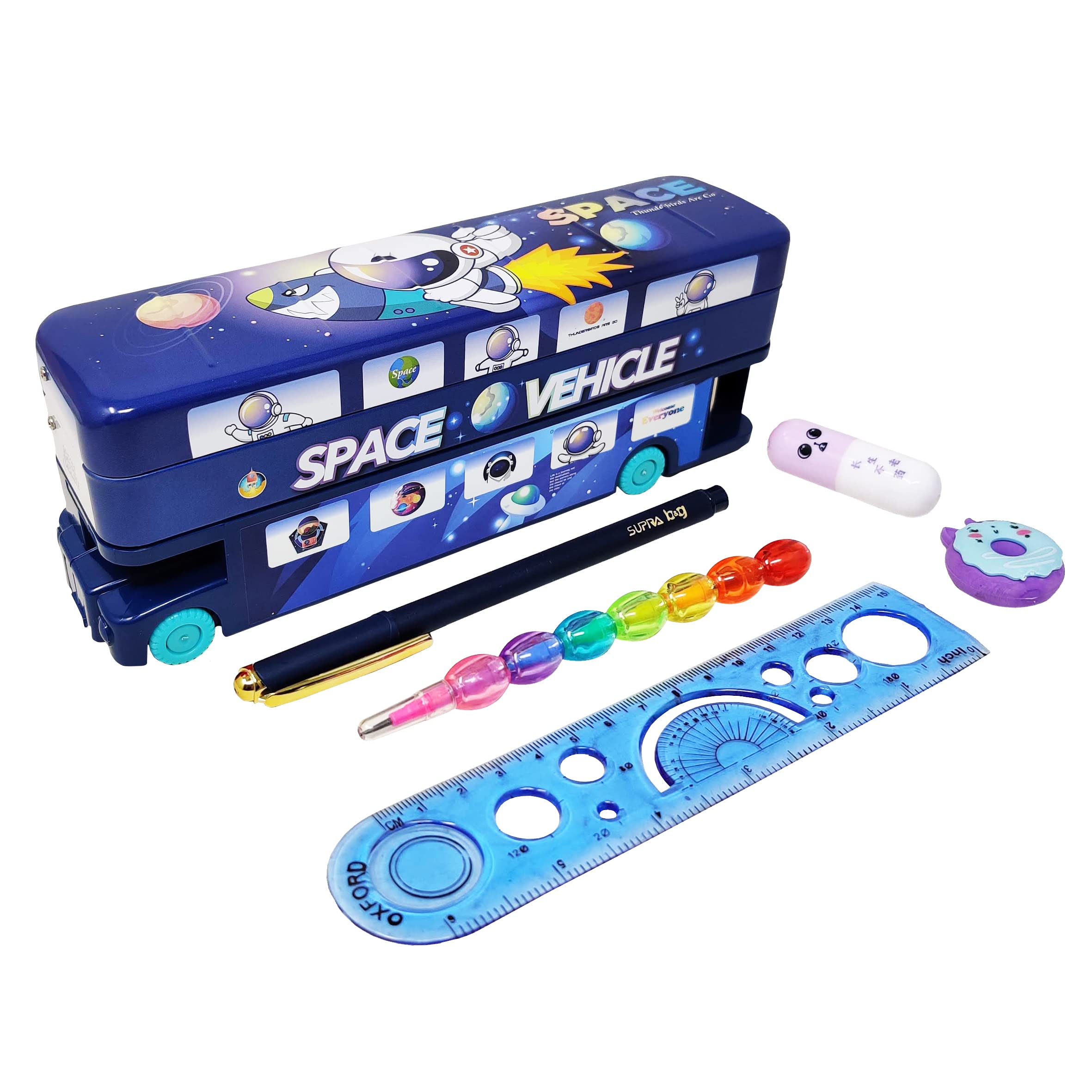 PARTEET Combo (Pack of 6 Items) 1 Double Decker London Bus Metal Pencil Box, 1 Gel Pen, 1 Capsule Shape Highlighter, 1 Stack Pencil, 1 Eraser, 1 Scale for Kids (Colour Assorted)