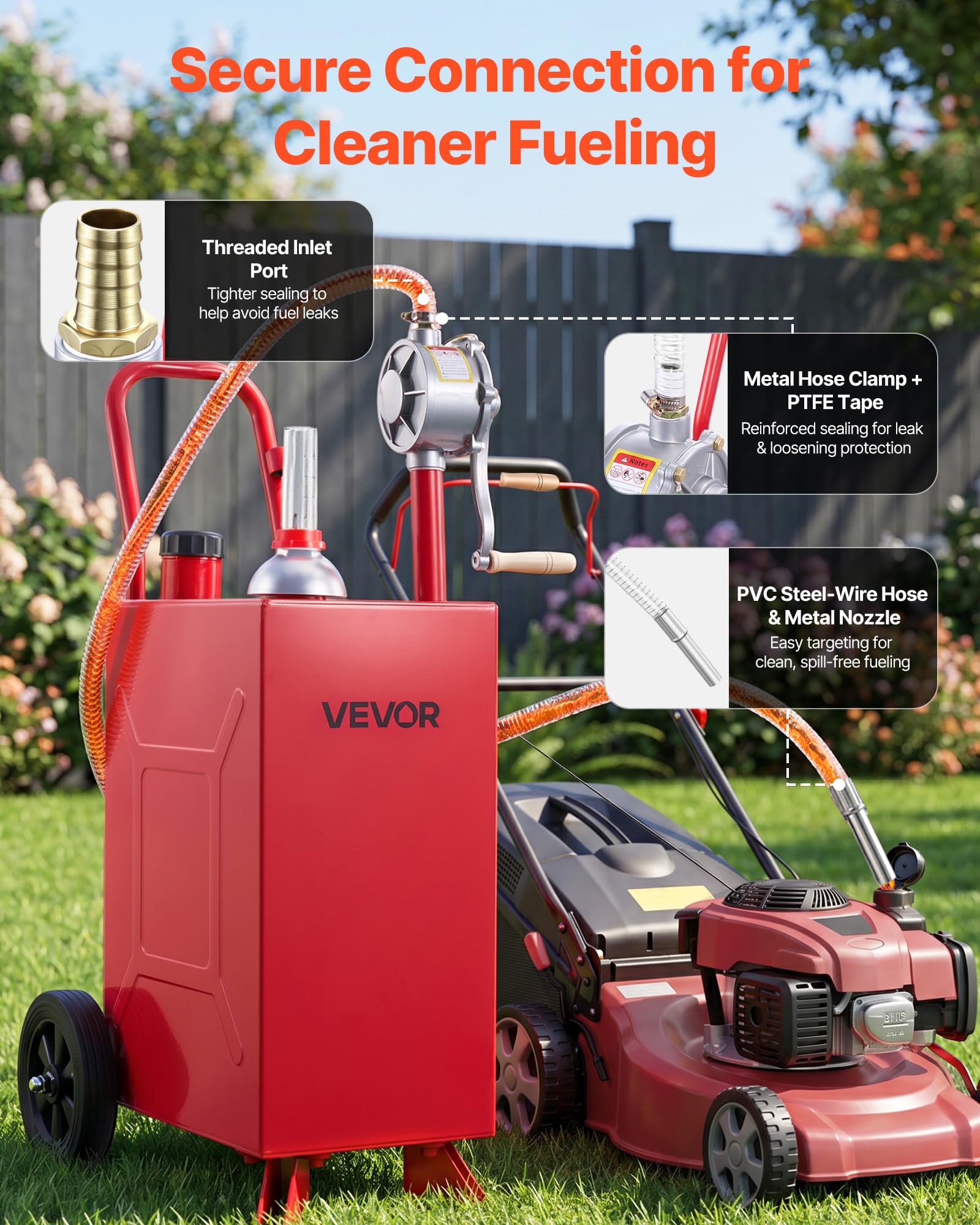 VEVOR Carro de Combustible de 56,8 L con Depósito de Diésel y Gasolina | Tanque de Combustible con 2 Ruedas, Bomba Manual de Trasvase Bidireccional, Acero al Carbono, para Granja, Garaje y Exterior