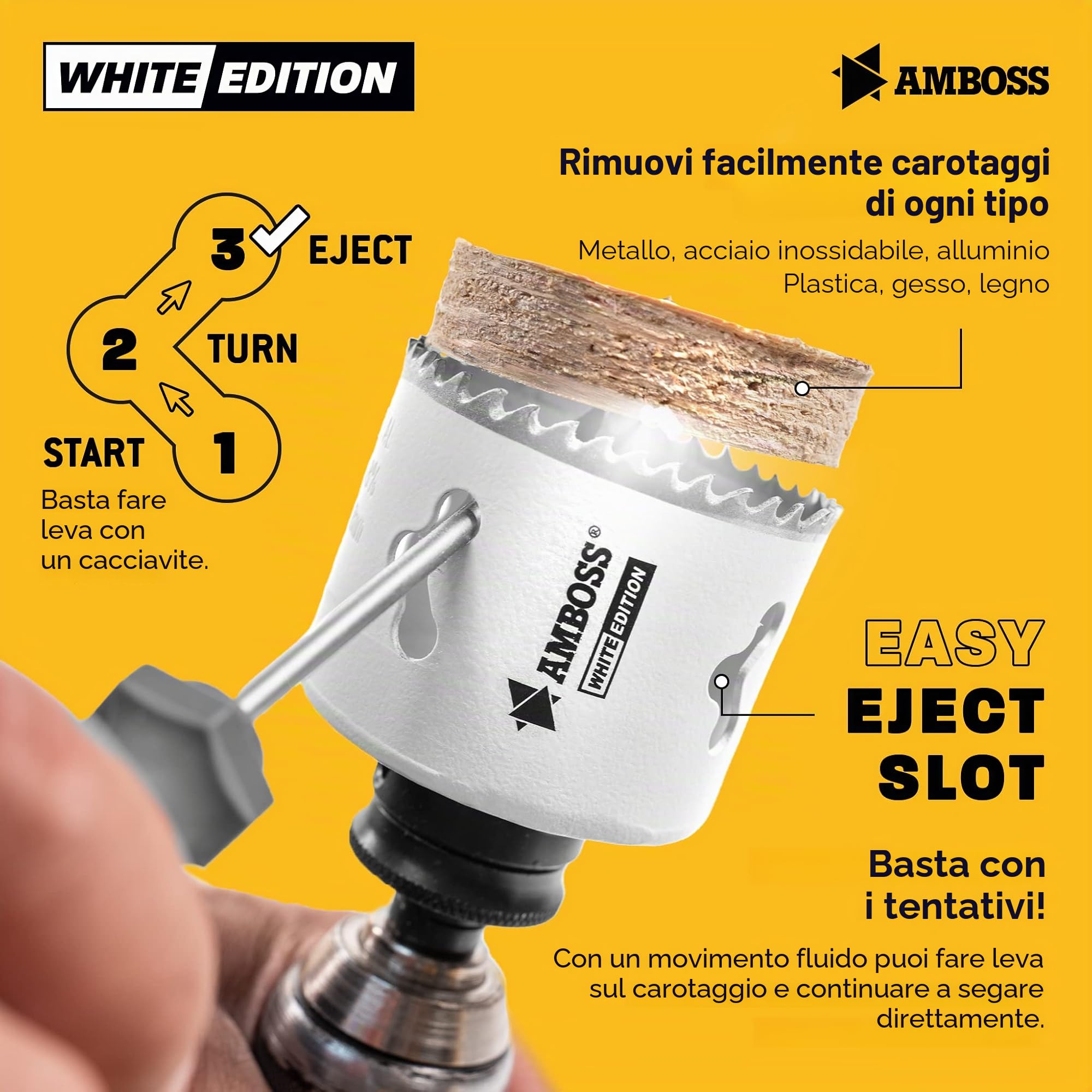 Amboss M 42 - Set di seghe a tazza bimetalliche, Ø 19-83 mm (17 pezzi), per alluminio, acciaio, cartongesso, legno, ecc. White Edition 17 Universal Power Set