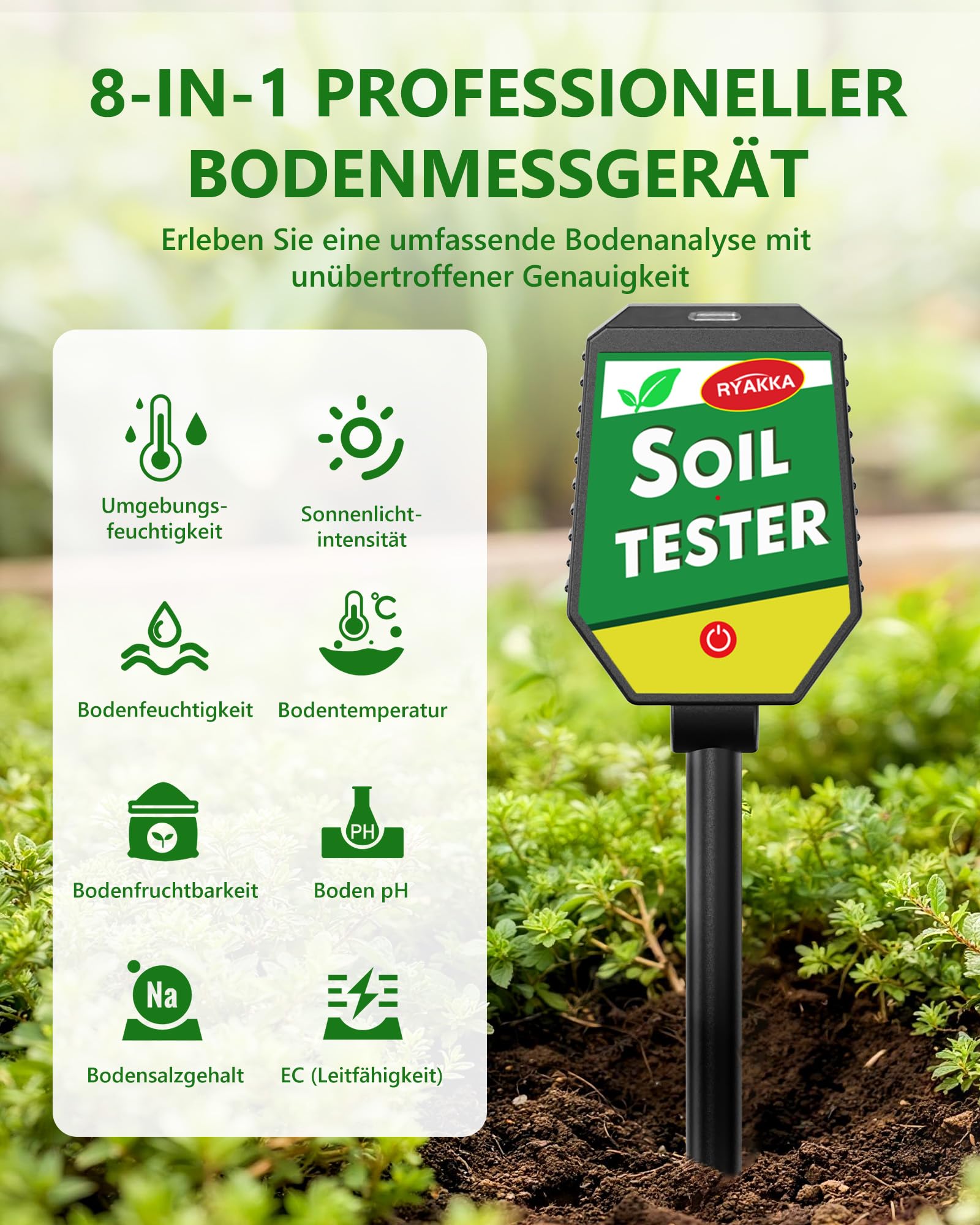 8-in-1 Bodenmessgerät mit APP-Überwachung, Messgerät Erde mit pH/EC/Temperatur/Feuchtigkeit/Fruchtbarkeit/Salzgehalt/Sonnenlicht/Umgebungsfeuchtigkeit für Garten
