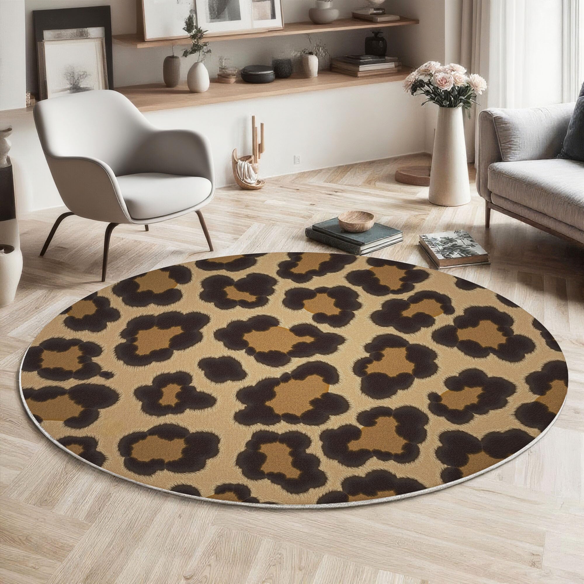 Tapis rond 180 cm de chambre guépard poil court lavable salon