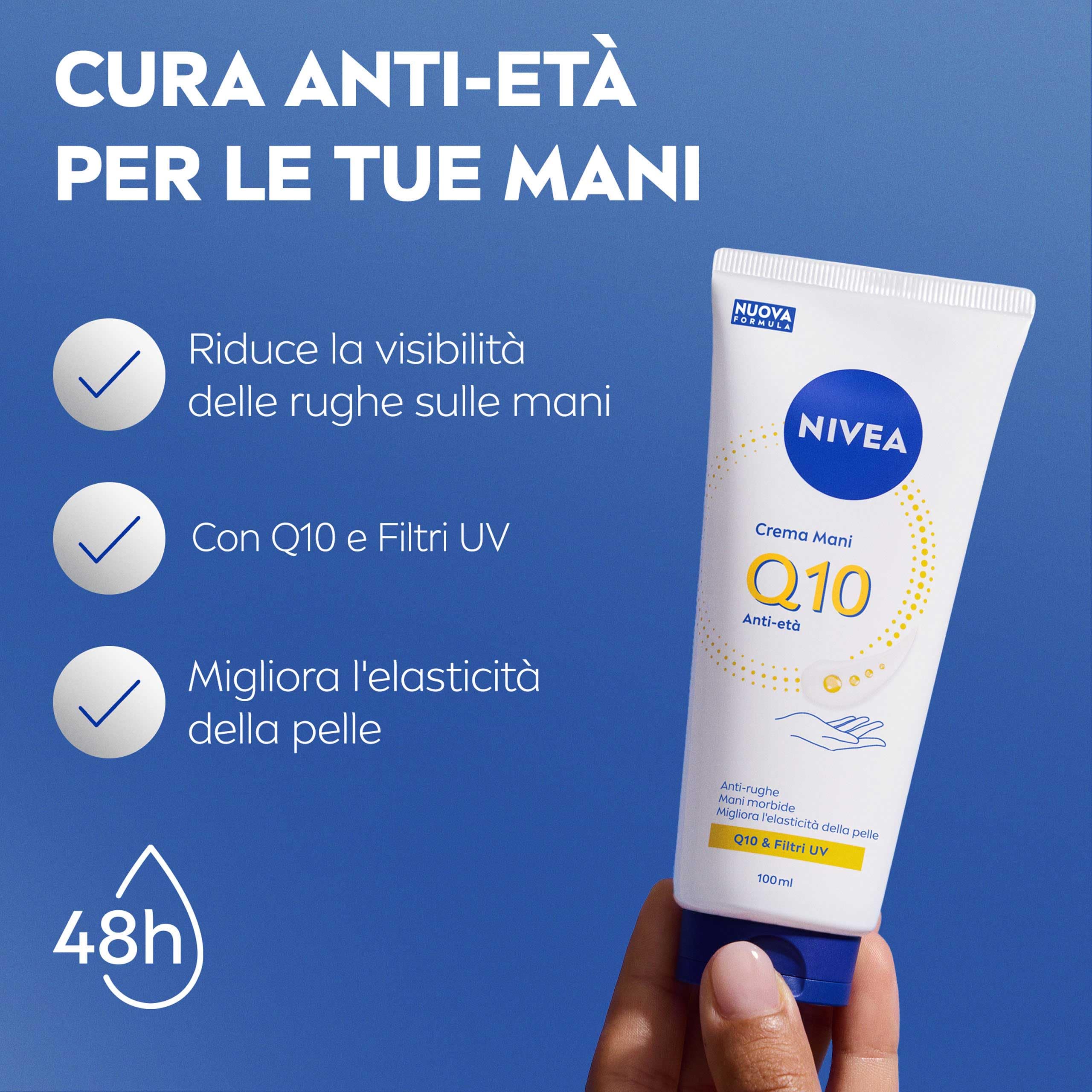NIVEA Q10 Crema Mani Anti-Età 100 ml, Crema mani antiage e idratante 48h, Hand cream antirughe con Coenzima Q10 e Filtri UV, Migliora l'elasticità, Assorbimento rapido, Per tutti i tipi di pelle
