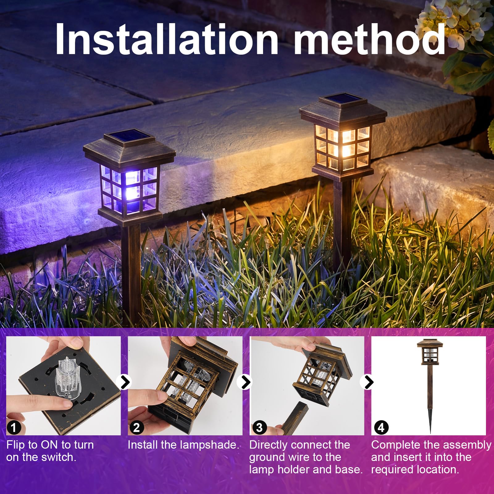 12 Stück Solar Insektenvernichter für den Außenbereich, wasserdicht, 2-in-1 Mückenzapper, solarbetriebene Mückenfalle, Abwehrlampe, tötet Insekten, LED-Lampe, warmes violettes Licht für Garten