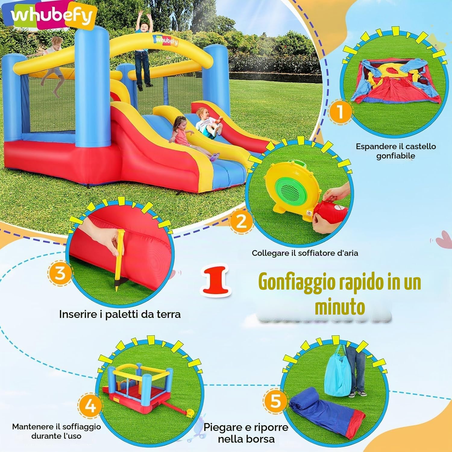 Castello gonfiabile per bambini da 3 a 6 e 8 a 12 grandi, 384 x 274 cm, con ventilatore, doppio scivolo, per interni ed esterni, per feste