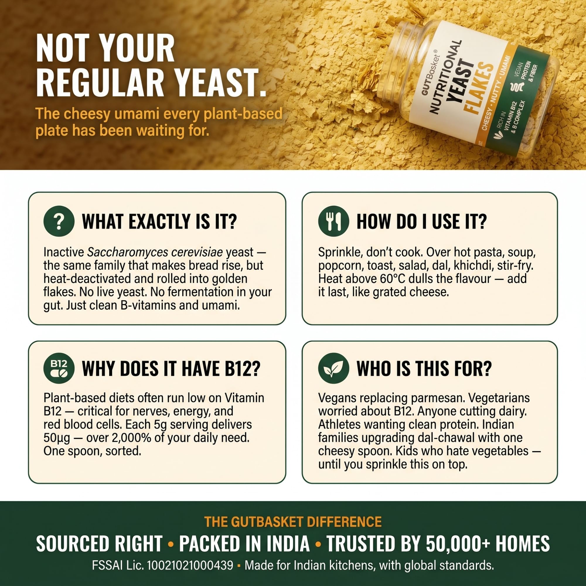 Gutbasket Nutritional Yeast Flakes 75g | Fortified with Vitamin B12 & B-Complex | 48g Plant Protein and 20g Fibre per 100g | Vegan Cheese Seasoning | Cheesy Nutty Umami | Non-GMO Gluten-Free 2