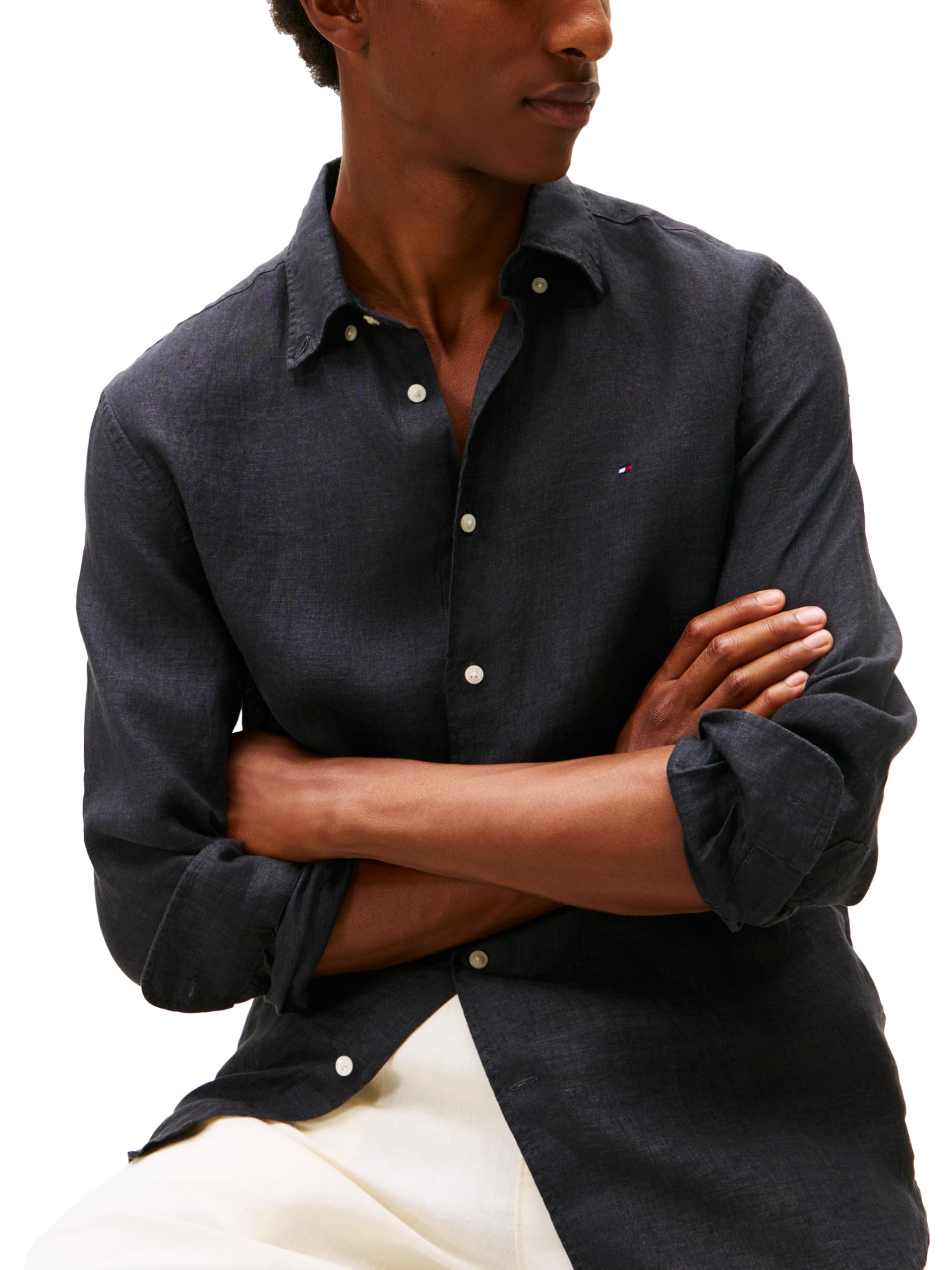 Tommy Hilfiger Long Sleeve Casual Linen Button Down Shirts in Regular Fit Camicie Casual a Maniche Lunghe in Lino con Bottoni in vestibilità Regolare Uomo (Pacco da 1)
