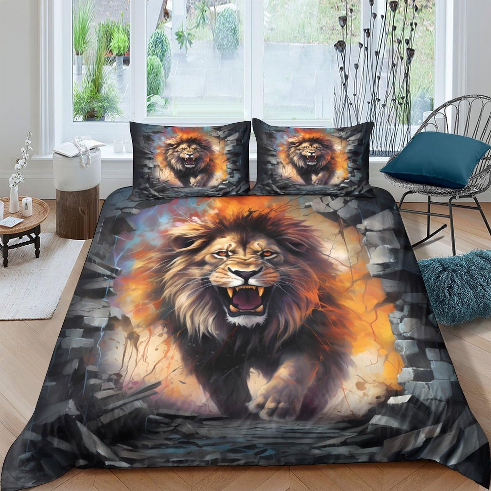Ctjqhvkz Style-2 3D Printed Roaring Lion Fitted Sheet Microfiber Soft Black Orange Mattress Cover Bedroom Decor Mattress Protection Single（135X200cm）