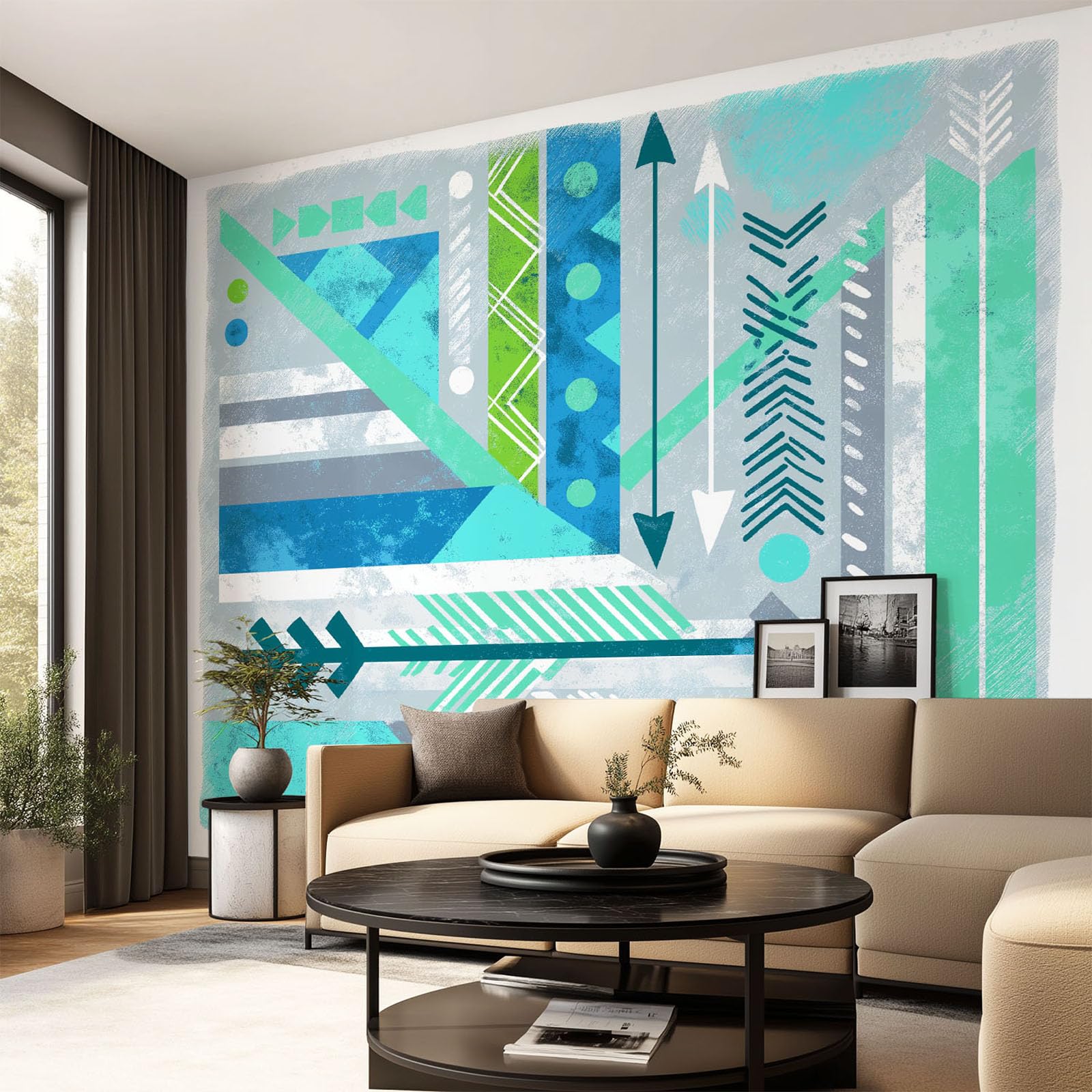 Papier Peint Panoramique Bohème Géométrique 350 x 256 cm Papier Peint Intissé Mural, Poster Geant Mural Flèche Bleu canard pour Salon Chambre d'enfants restaurant Décoration Murale