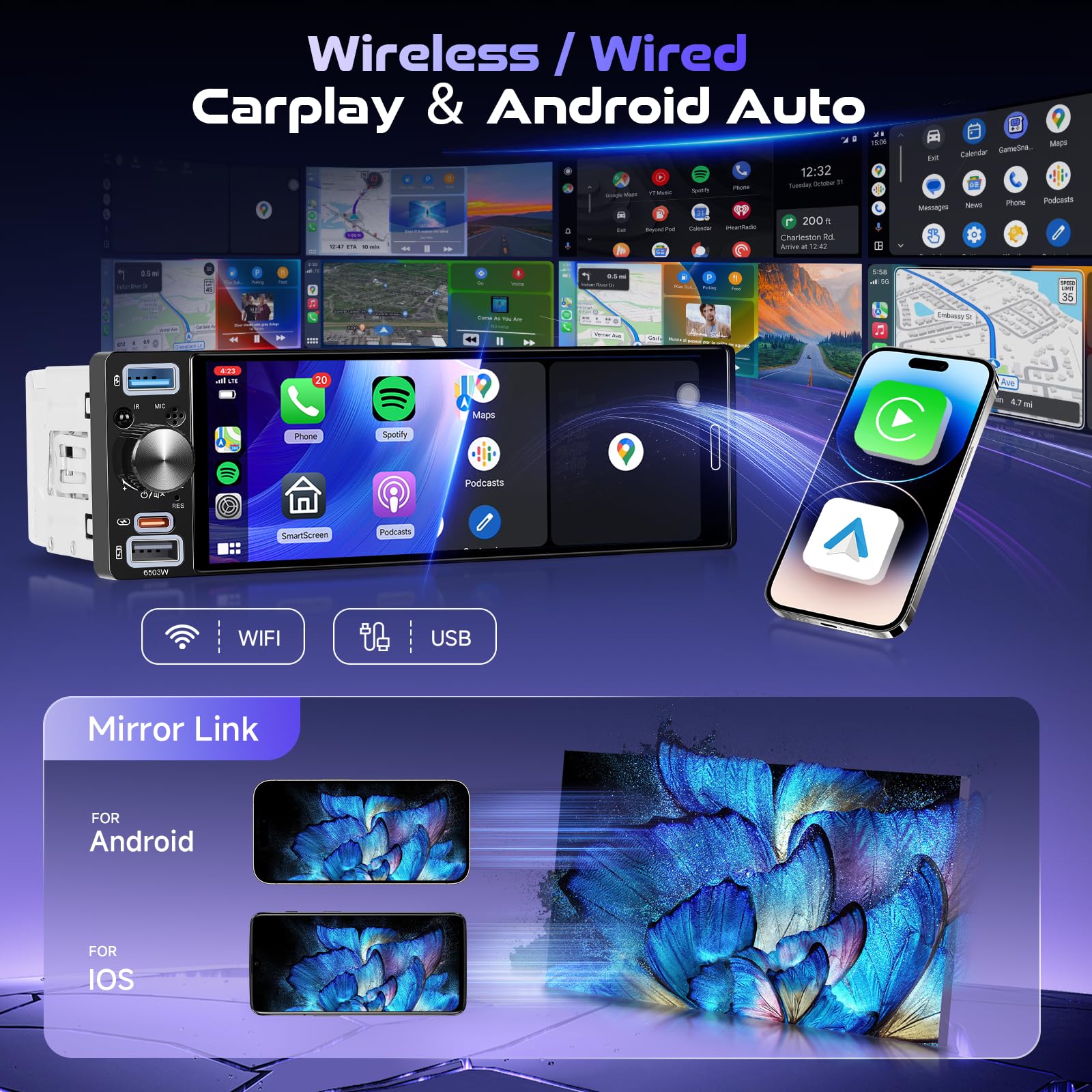 Hodozzy Autoradio 1 Din avec CarPlay Android Auto sans Fil, Ecran Tactile Incell 6,5 Pouces Poste Radio Voiture avec Bluetooth 5.2, Radio AM/FM/RDS, EQ, Lien Miroir, SWC, USB/Type-C+ Caméra de Recul