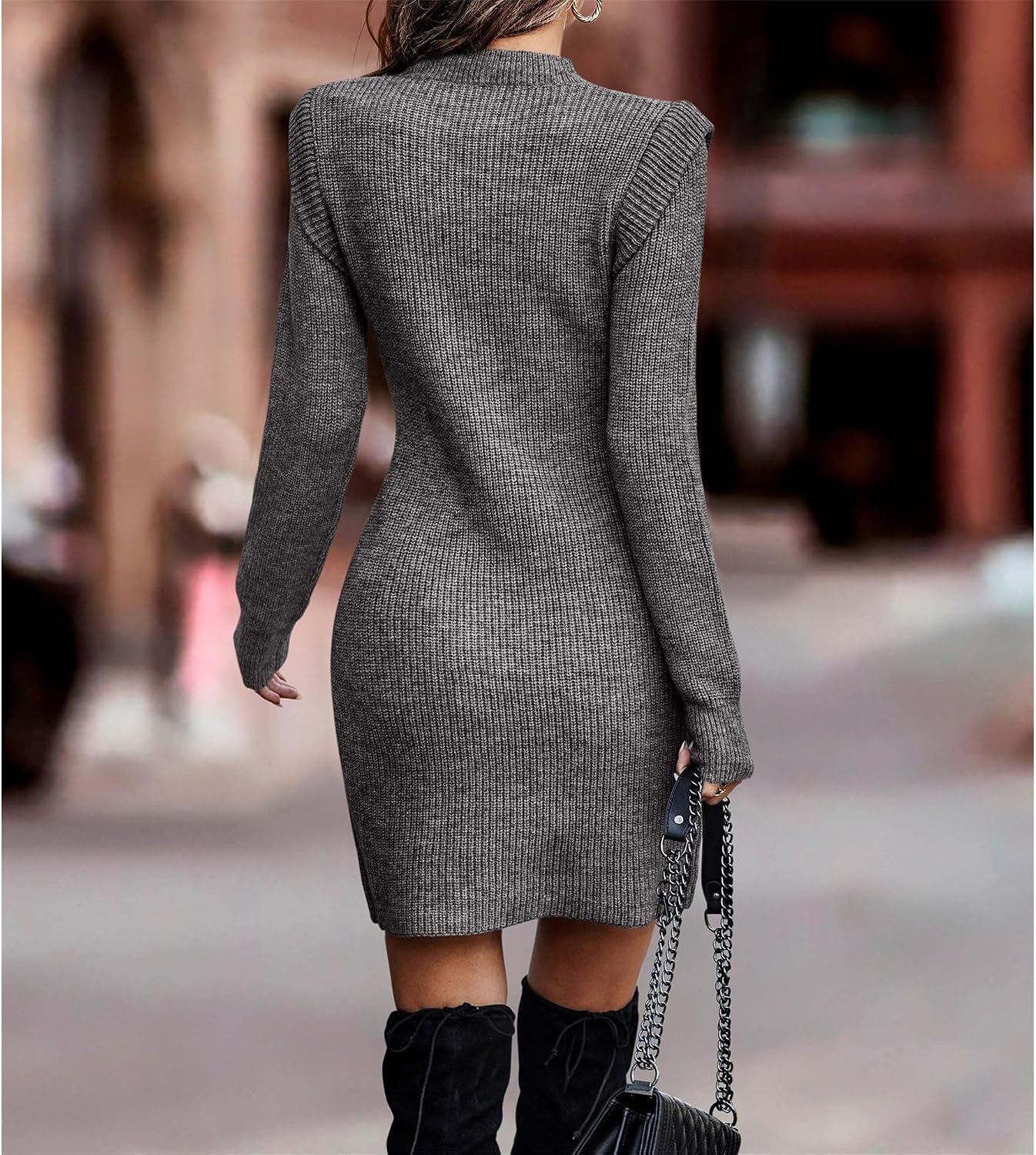 Women's Long Sleeves Ribbed Knit Dresses Causal Loose Round-Neck Tops Basic Dress Pullover Sweater Mini Dress