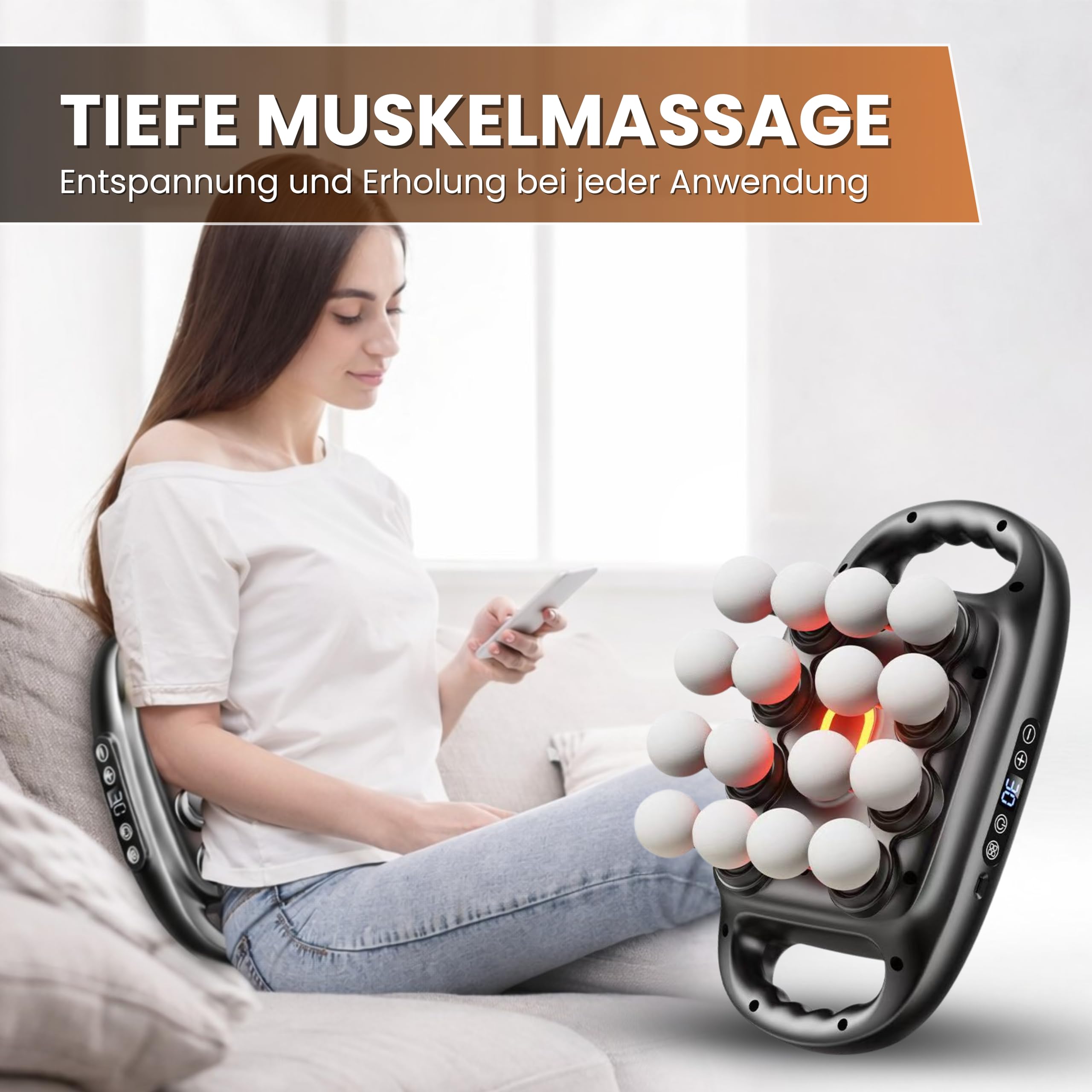 BeFit24 Massagepistole mit Wärmefunktion & 16 Massageköpfen, Tiefengewebe Massagegerät gegen Muskelverspannungen und Schmerzen, Muskelregeneration für Rücken, Nacken, Schultern & Beine, Kabellos USB-C