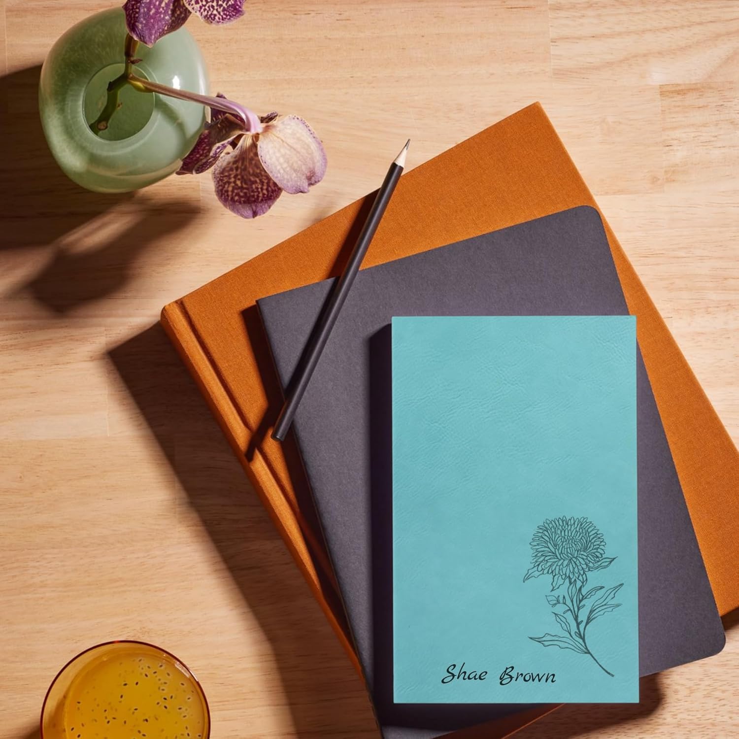 Personalized Gift Hardcover Leather Journal, Diary, Sketchbook, Notebook, custom cover original art birthflower 12 design, custom laser engraved text, 7 colors (Purple, Lined or Blank)
