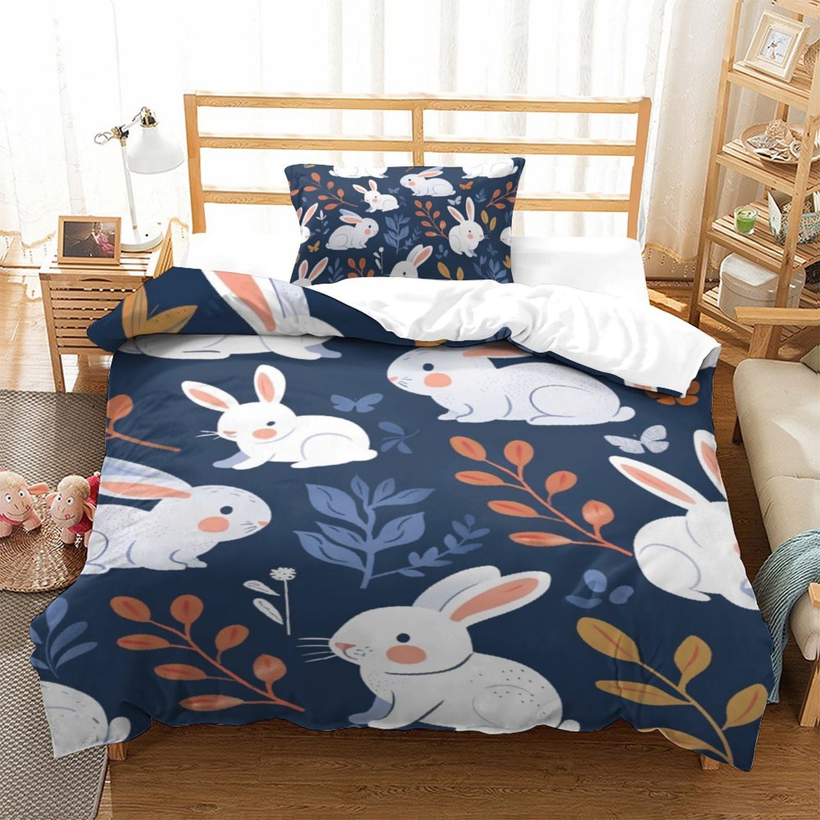 Housse de couette lapin 3D 135x200 microfibre avec taie d'oreiller