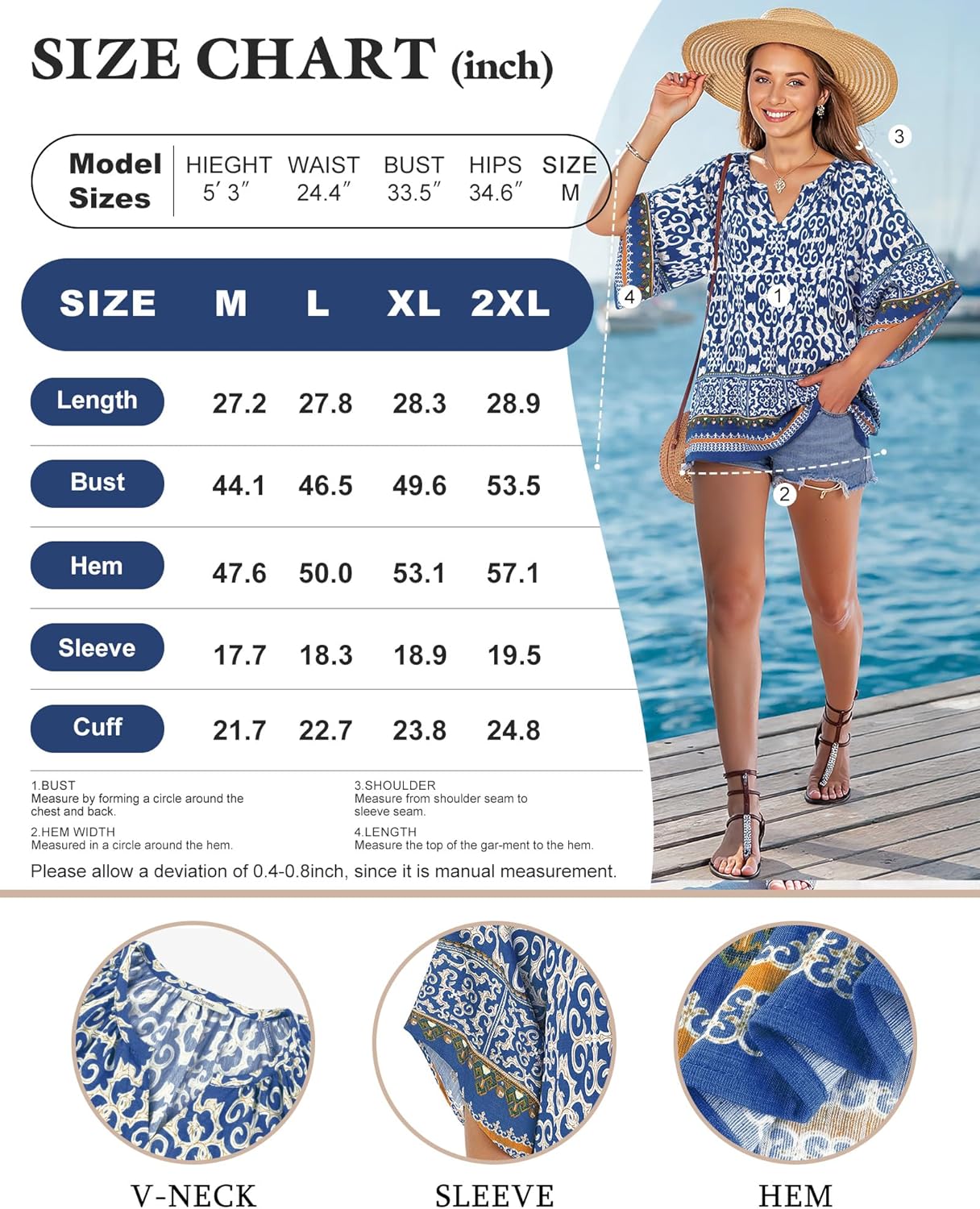 Bebonnie Womens 3/4 Sleeve V Neck Bohemian Peasant Blouses Casual Loose Fit Tunic Tops - Image 6