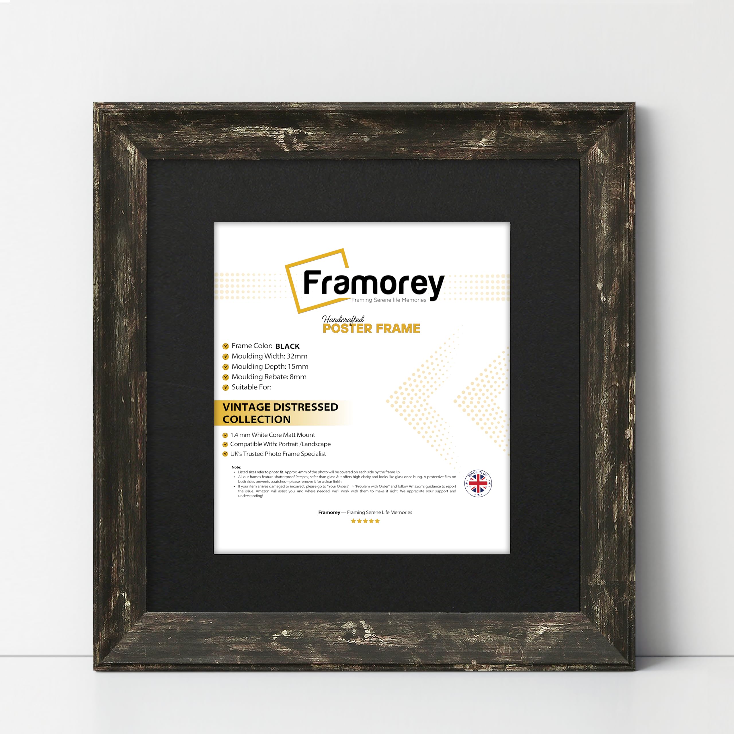 Framorey Framing Serene Life Memories Black With Black Mount Framorey Vintage Distressed Square Size Picture Frame, 30X30cm Size Black Photo Frame With 25X25cm Size Black Mount, Photo Print Frame, Birthday Gift Frame