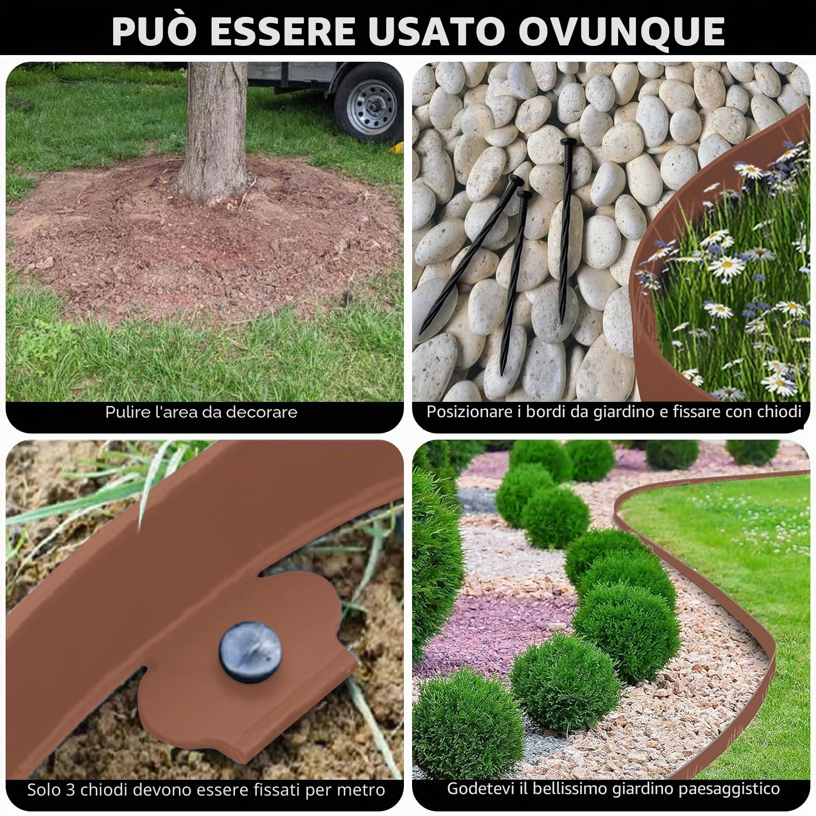Bordura per Aiuola, Bordura per Giardino 5m x 5cm, Bordature da Giardino, Bordure per Aiuole, Bordo per Aiuole, Bordatura Aiuole Giardino, Bordo Giardino Flessibile con Guanti e 30 Unghie - Marrone
