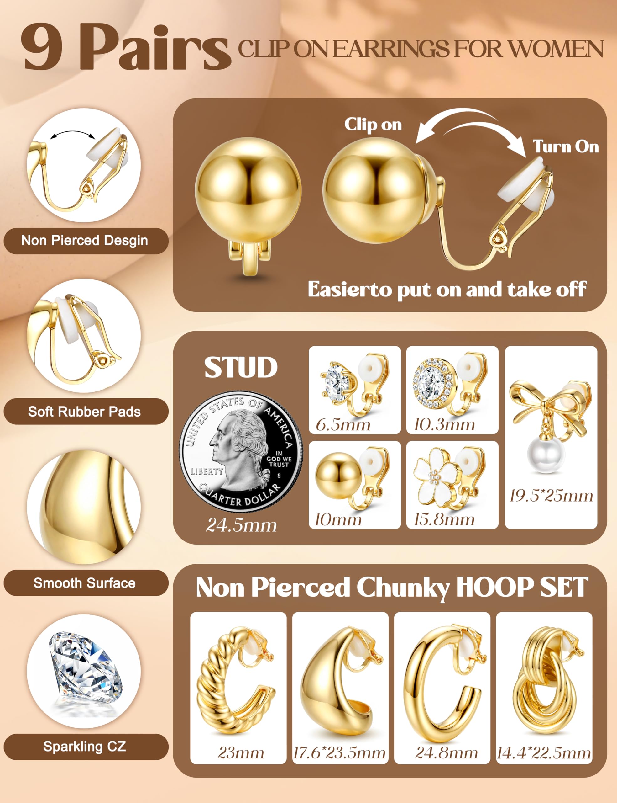 Orecchini a Clip per Donna Orecchini a Clip placcati Oro 14K Non forati CZ Perla Nodo Torsione Grosso Cerchio Orecchini a Clip Set Orecchini ipoallergenici Finti