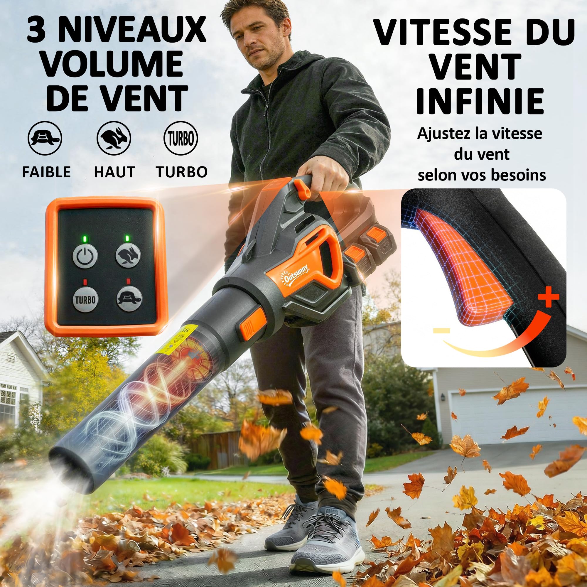 Outsunny Souffleur de Feuilles sans Fil Moteur Brushless Orange et Noir