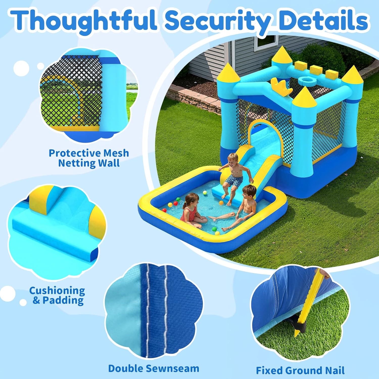 MUKDIY Inflatable Bounce House with Pool & Slide, 12x6.2ft Water Park Jumping Castle for Kids,Heavy-Duty 840D Oxford Fabric, Ages 3-8, Includes 350W Blower, 8 Stakes, Repair Kit (Up to 3 Kids), Blue