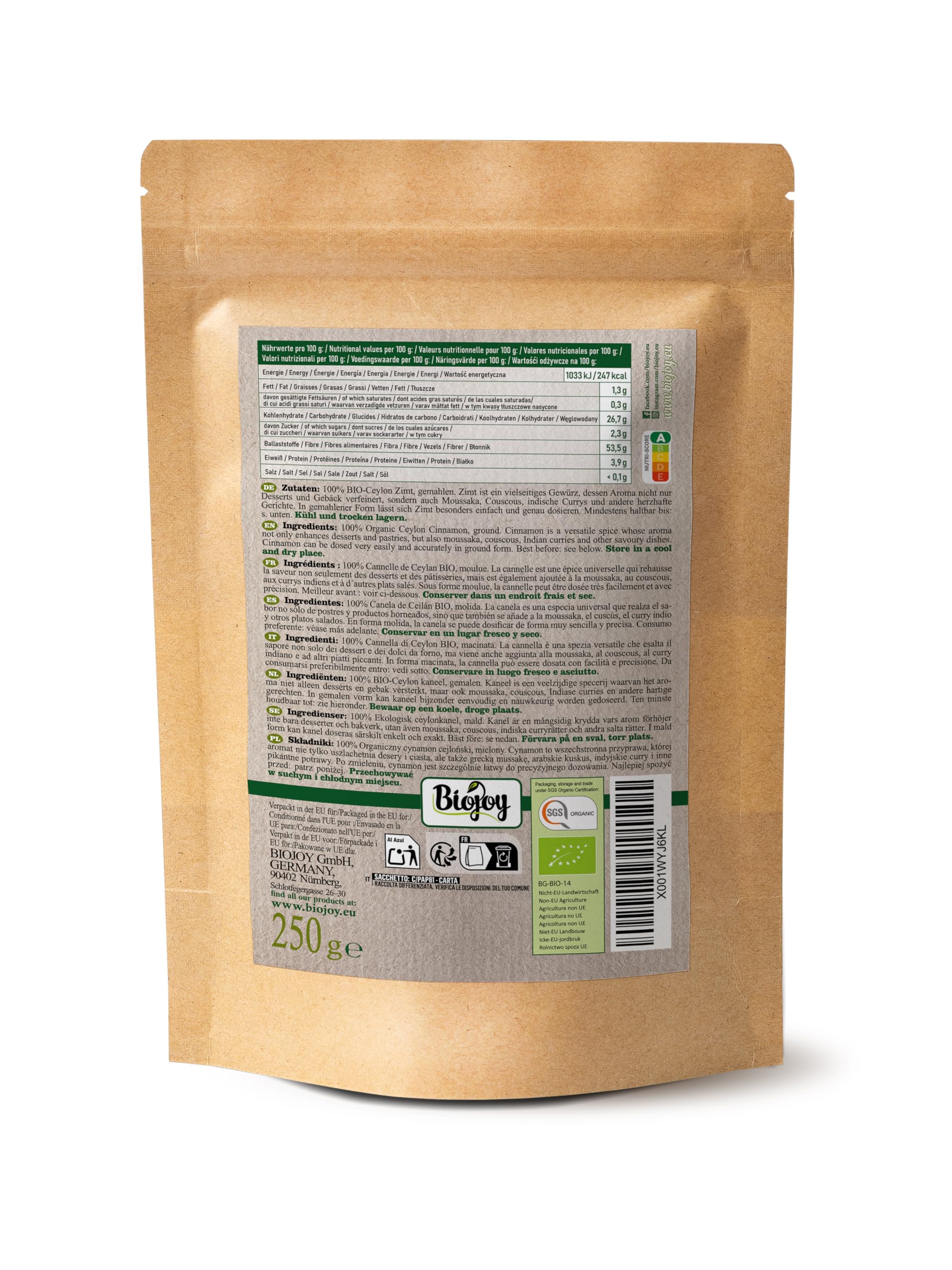 Biojoy Canela de Ceylan en Polvo Ecológica 250 g, Ceilán Canela molida Cinnamomum verum