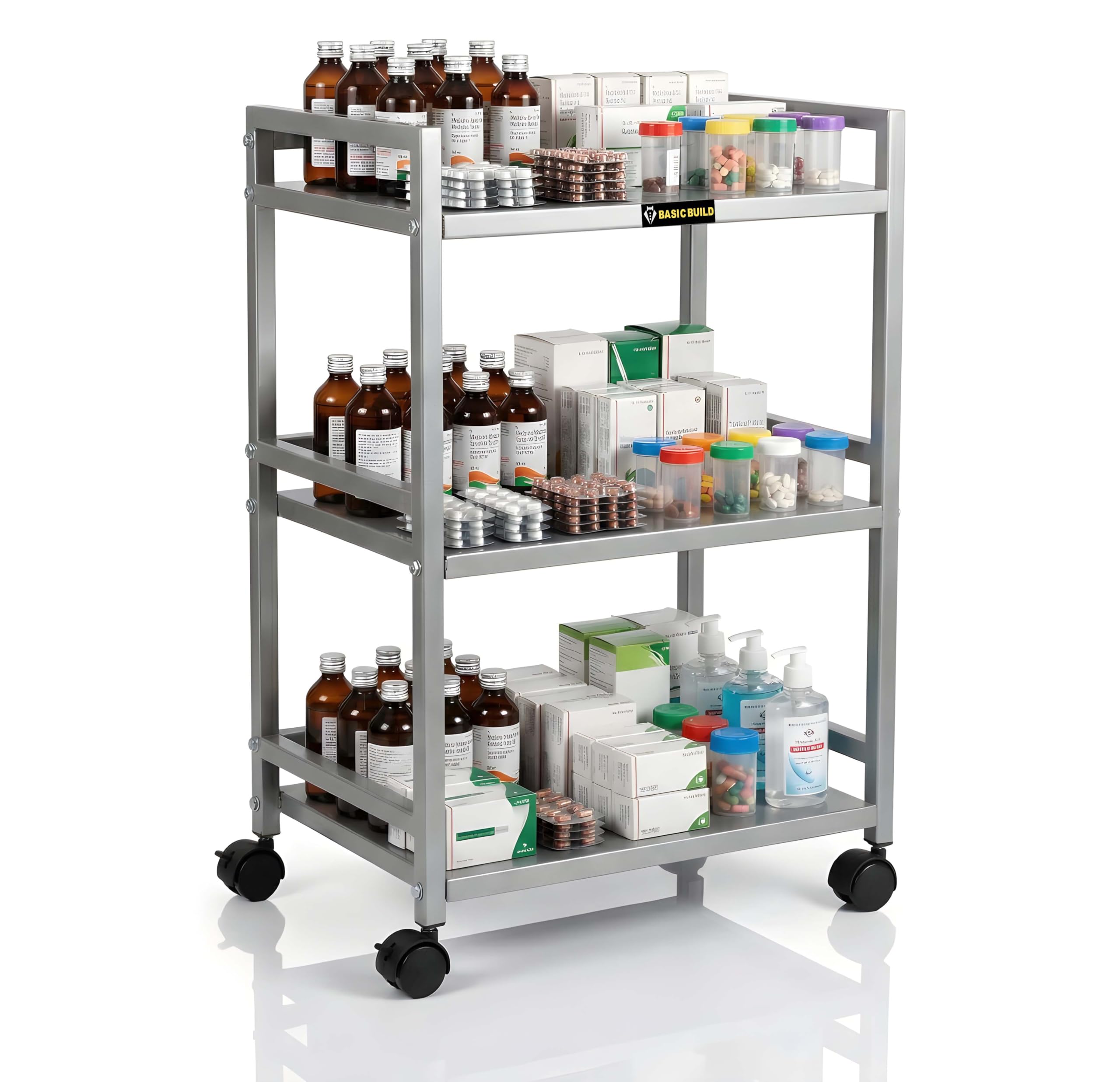 Basic Build 3-Tier Hospital Trolley with Metal 3-Tier Trolley Silver - Image 1