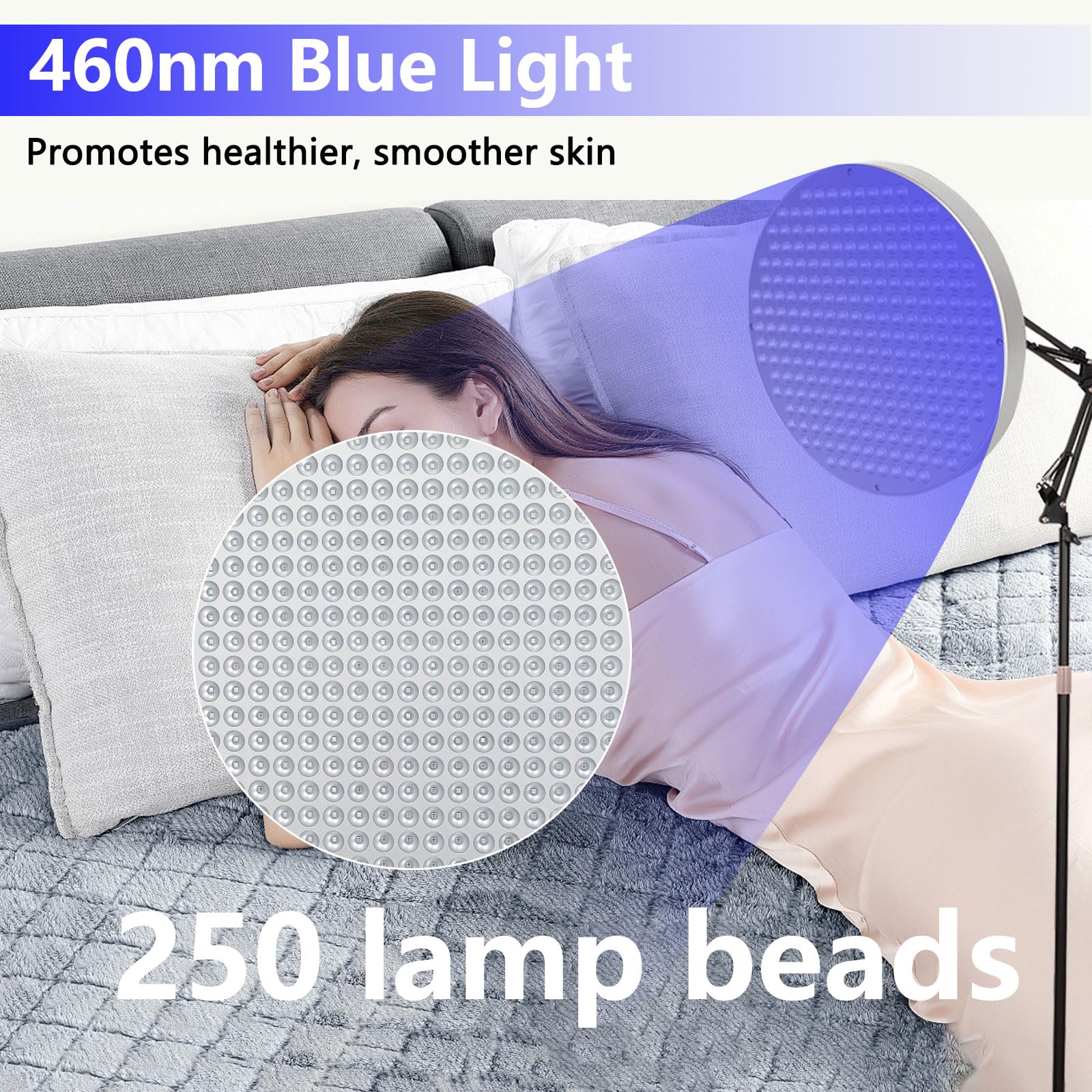 Solarium per la casa con luce blu da 460 nm e 250 LED, lampada abbronzante da 50 W, abbronzante viso portatile con supporto regolabile per viso e corpo, terapia della luce domestica