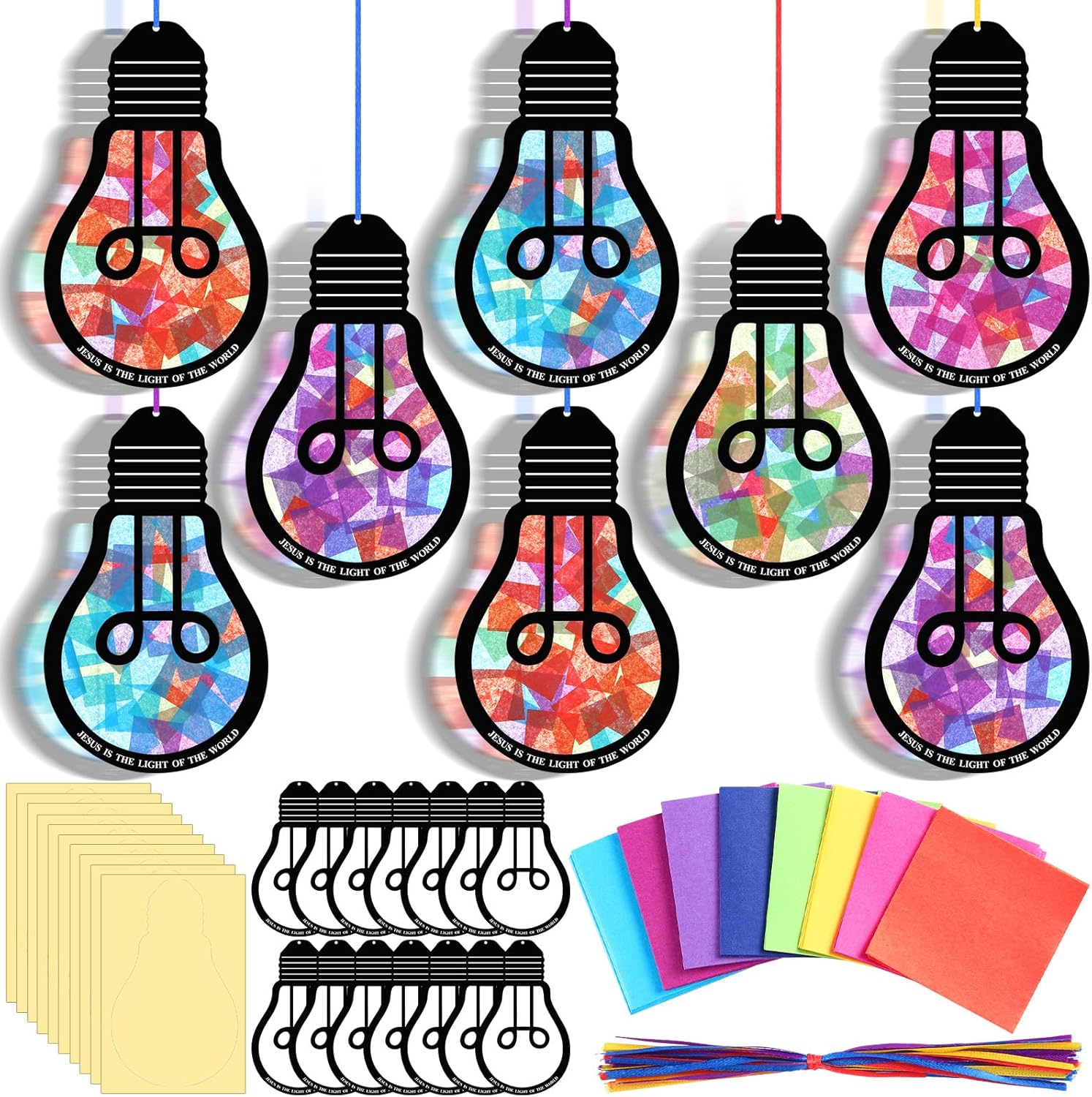 Eersida 32 Sets Illumination Crafts Bulk 2026 Vbs, Jesus is The Light of The World Light Bulb Suncatcher Kit, Christian Tissue Paper Stained Glass Lantern for Sunday Bible Church Activity Supplies