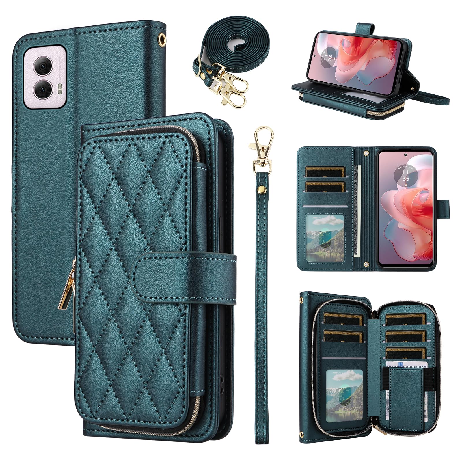 Furiet Argyle Wallet Case for Motorola Moto G Power 5G 2024 with Wrist Strap Shoulder Strap, 9+ Card Slot Zipper Purse Luxury PU Leather Stand
