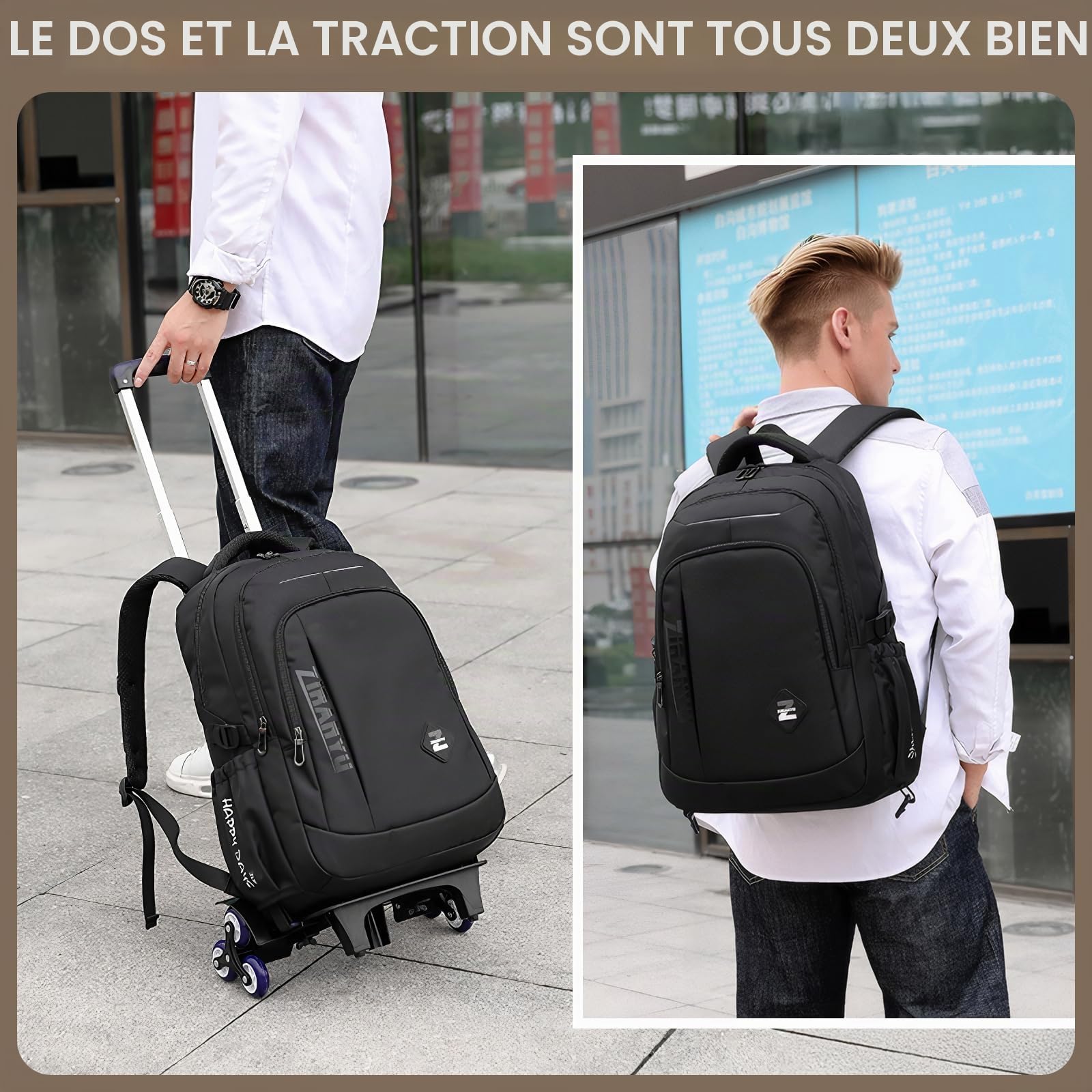 Amythe Cartable à Roulettes pour Garçons, Sac à Dos pour Hommes avec 6 roues, 30 Litres Sac Ecole Collège Léger et Imperméable avec Chariot, Adapté aux Loisirs et aux Voyages, Noir